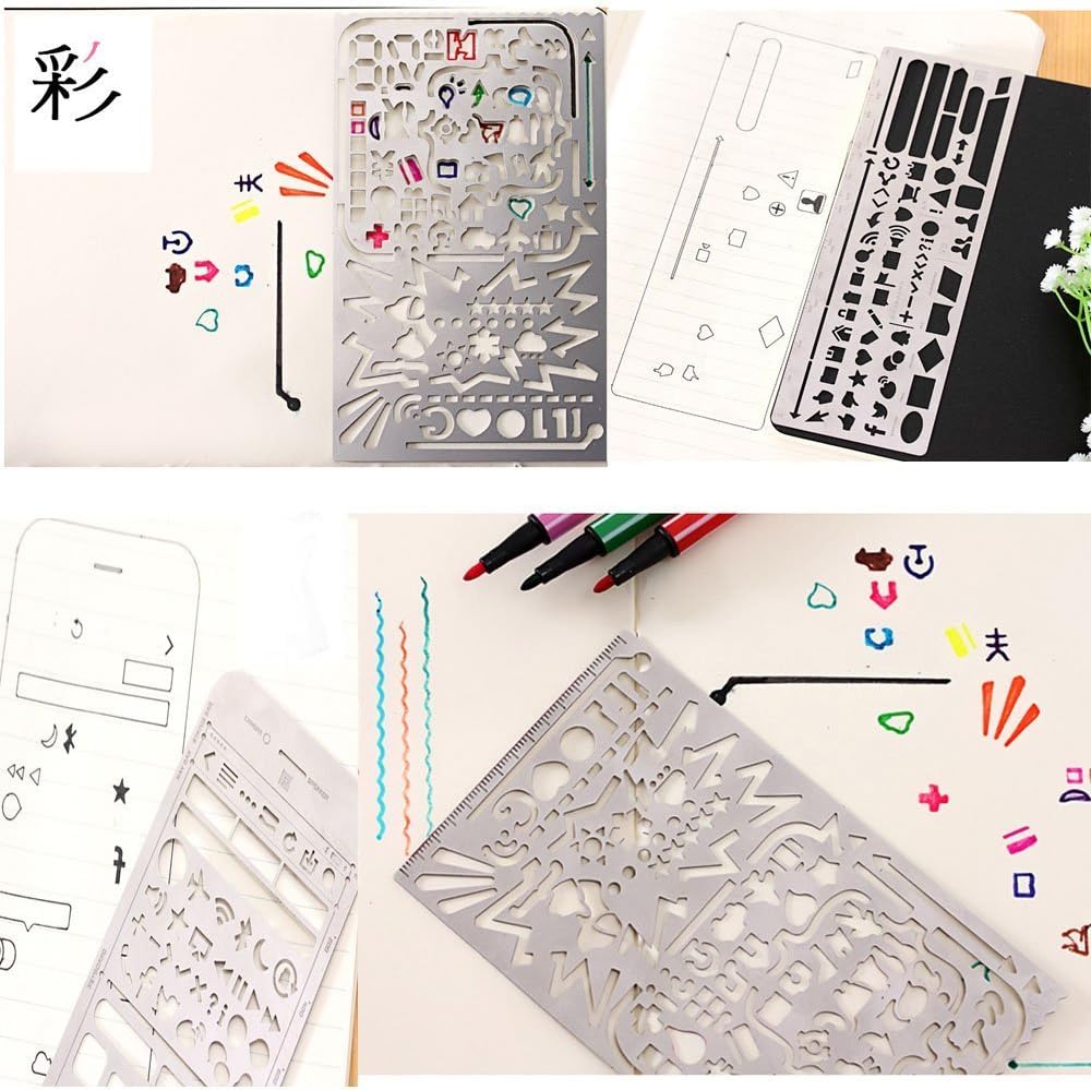 Yansanido Pack of 3 Stainless Steel Drawing Ruler, Painting Stencils, Scale Template Sets, Graphics Stencils, Number Template Ruler for Very Fine Pen Tip