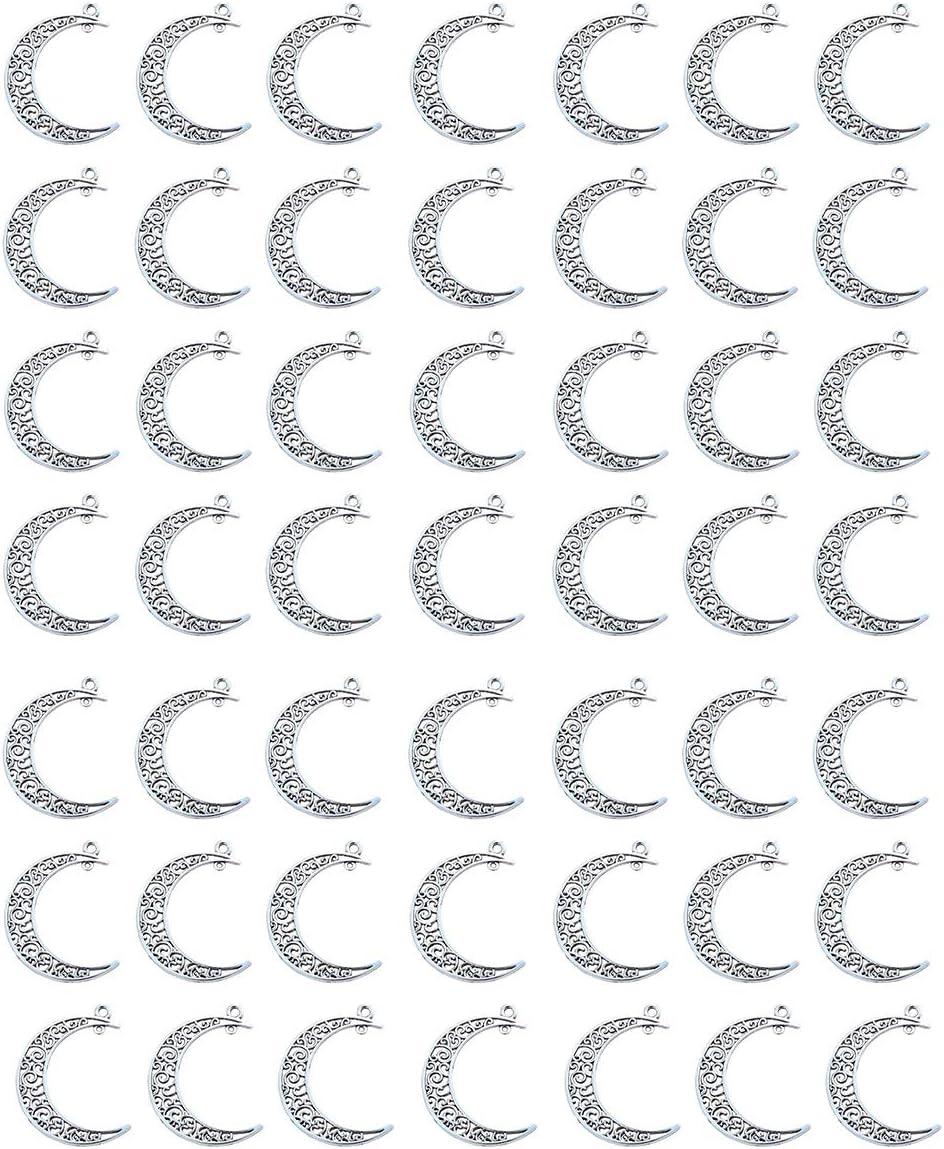 Yansanido Alloy Pack of 50 Moon Shape Silver Charms Pendants for Making Bracelet and Necklace Moon 50pcs Silver