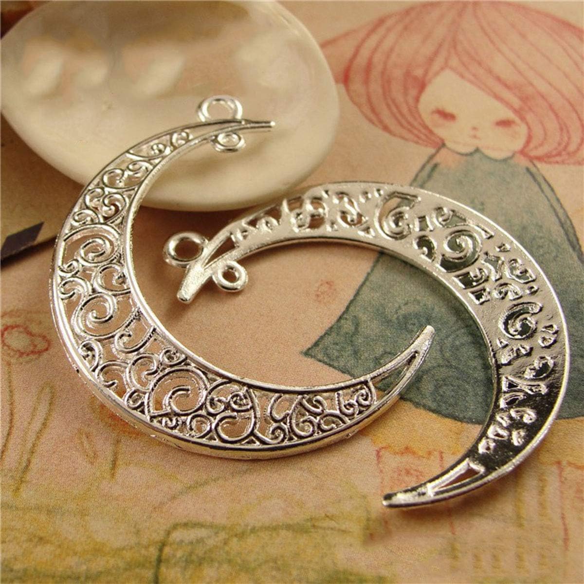 Yansanido Alloy Pack of 50 Moon Shape Silver Charms Pendants for Making Bracelet and Necklace Moon 50pcs Silver