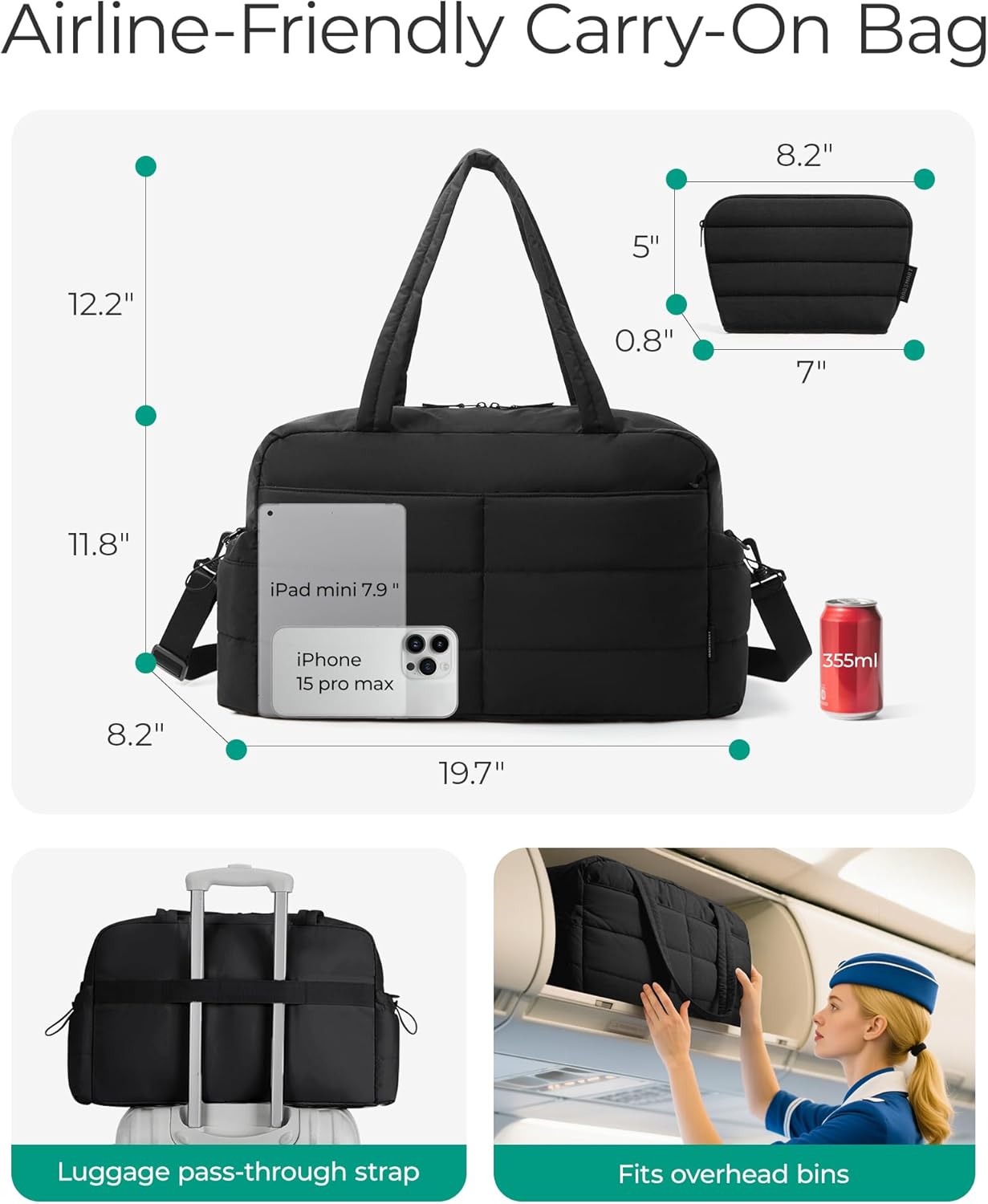 Gym Bag for Women, Lightweight Puffer Duffle Bag 2-PC Travel Bag, 31L Weekender Overnight Bag Quilted Carry On Tote Bag, Diaper Hospital Dance bag for Travel, Gym, Water Resistant, Black