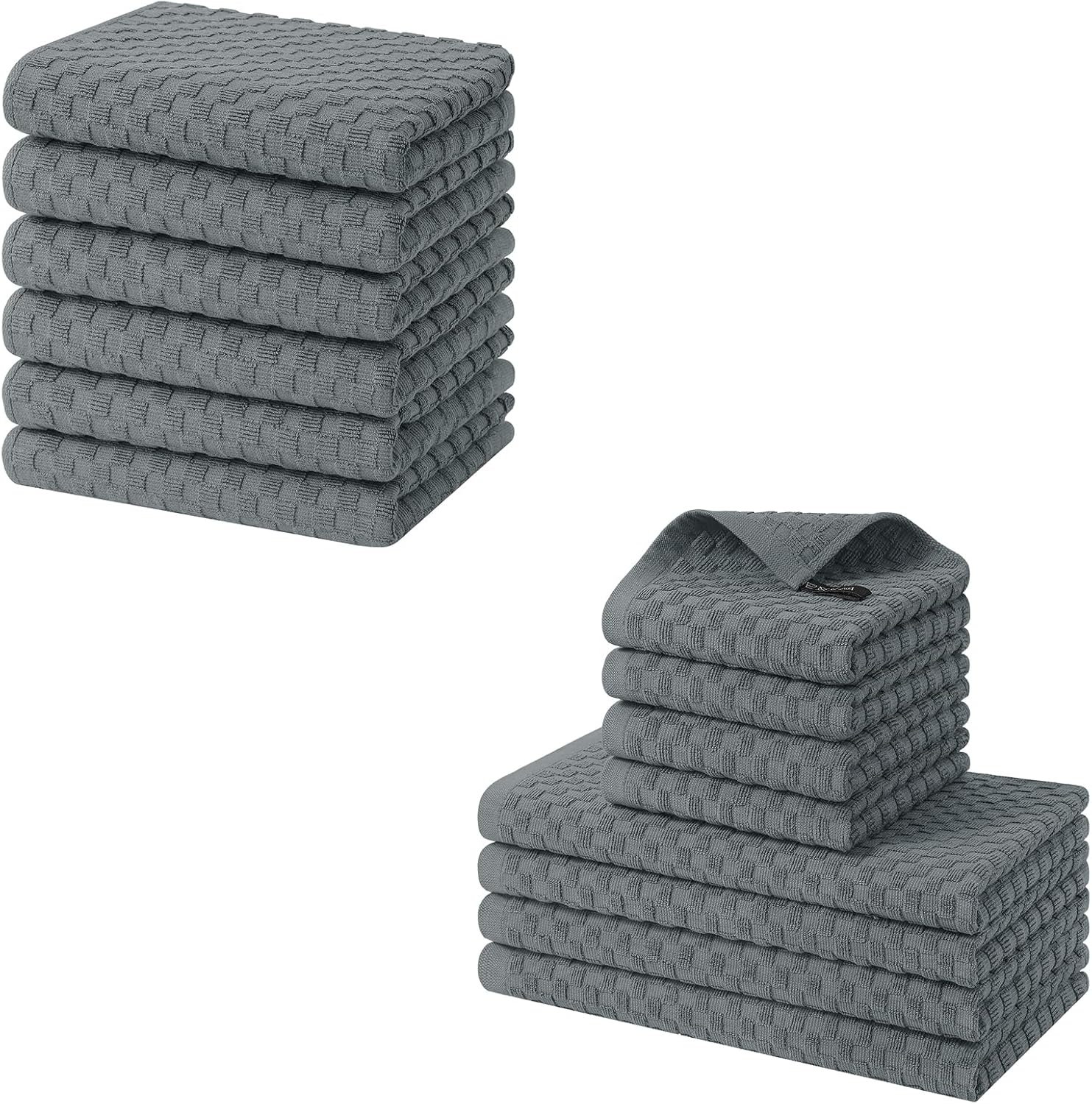 Homaxy 100% Cotton Terry Kitchen Towels 15" x 25", 6 Pack , Soft and Super Absorbent Dish Towels and 100% Cotton Kitchen Towels and Dishcloths Set 12 x 12 & 15 x 25 Inches, Set of 8 Bulk