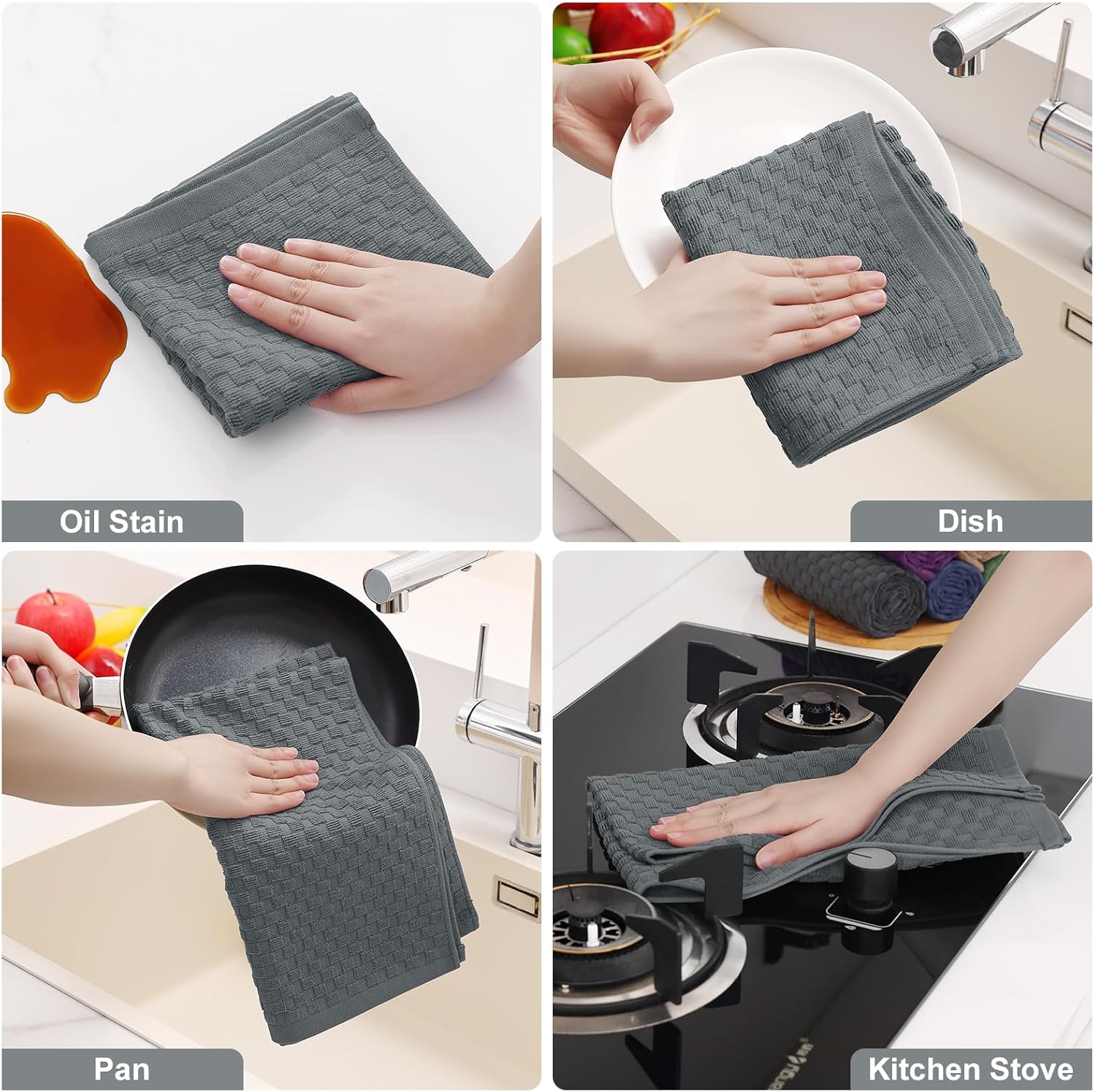 Homaxy 100% Cotton Terry Kitchen Towels 15" x 25", 6 Pack , Soft and Super Absorbent Dish Towels and 100% Cotton Kitchen Towels and Dishcloths Set 12 x 12 & 15 x 25 Inches, Set of 8 Bulk