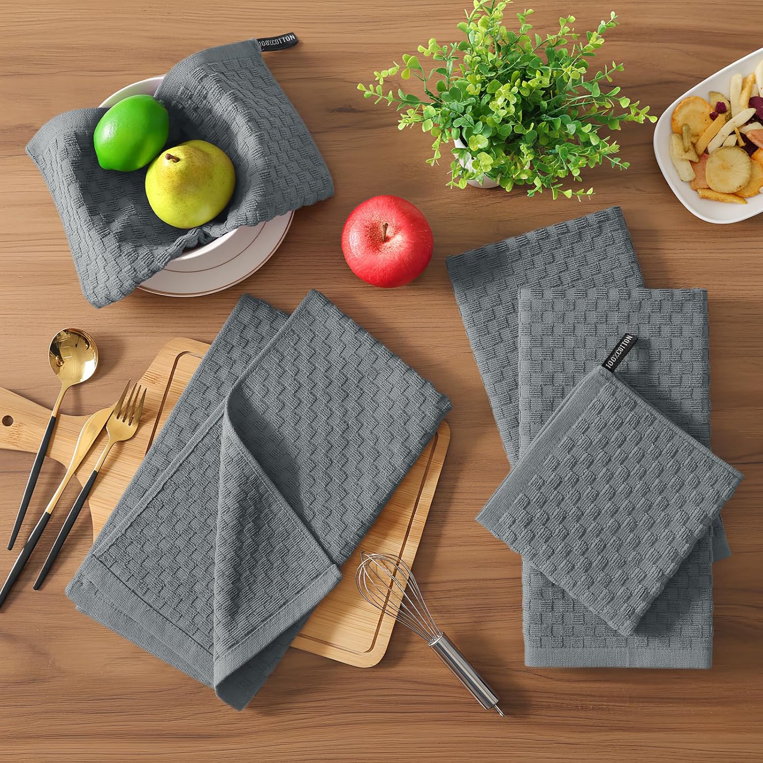 Homaxy 100% Cotton Terry Kitchen Towels 15" x 25", 6 Pack , Soft and Super Absorbent Dish Towels and 100% Cotton Kitchen Towels and Dishcloths Set 12 x 12 & 15 x 25 Inches, Set of 8 Bulk