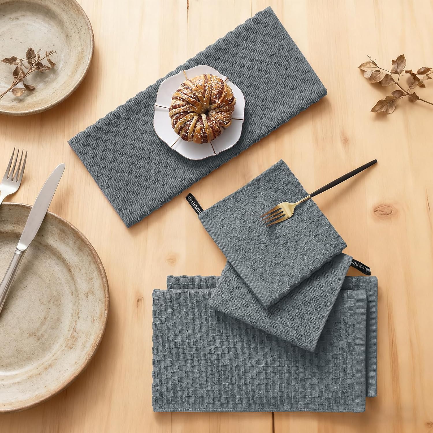 Homaxy 100% Cotton Terry Kitchen Towels 15" x 25", 6 Pack , Soft and Super Absorbent Dish Towels and 100% Cotton Kitchen Towels and Dishcloths Set 12 x 12 & 15 x 25 Inches, Set of 8 Bulk