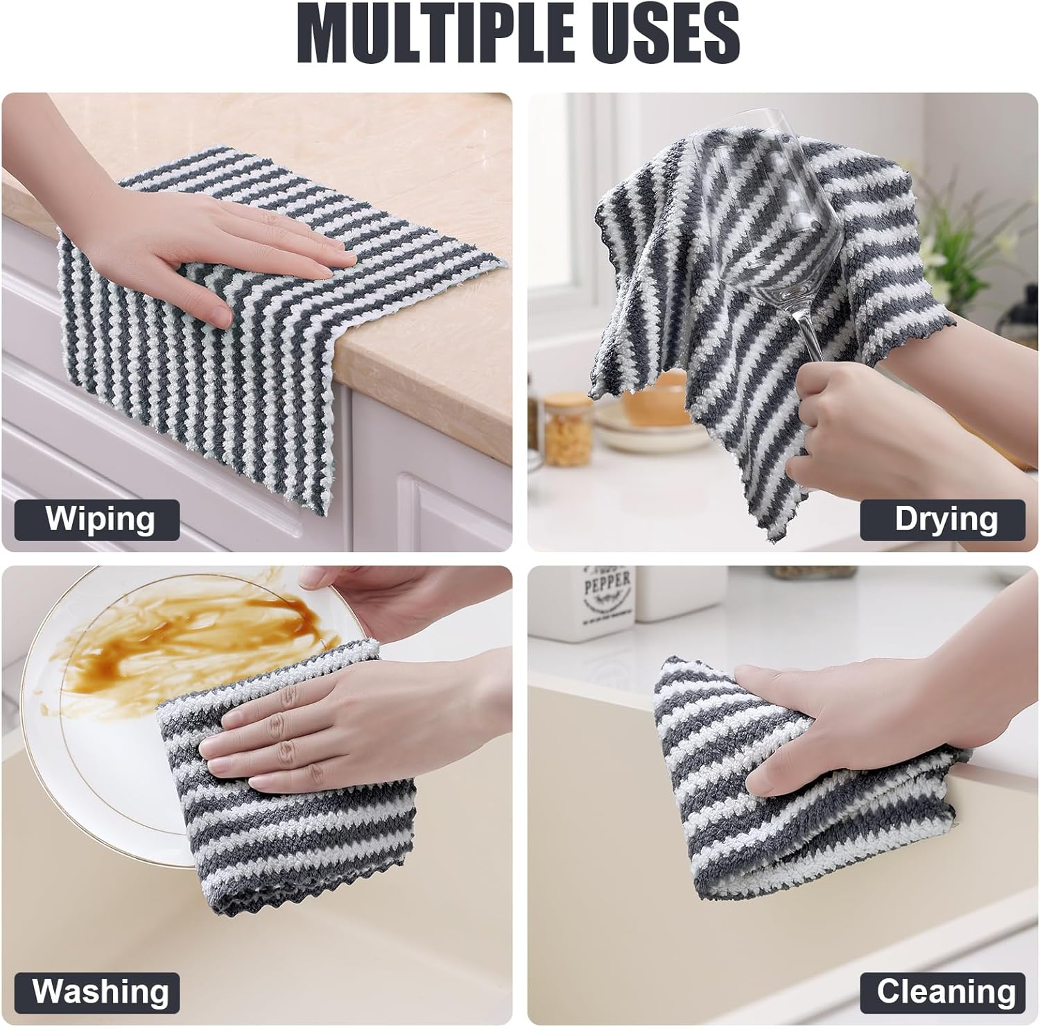 Homaxy 12 Pack Kitchen Dish Cloths 10 x 10 inches, Dark Grey , Ultra Soft and Absorbent Dish Towels and 100% Cotton Kitchen Towels and Dishcloths Set 12 x 12 & 15 x 25 Inches, Set of 8 Bulk