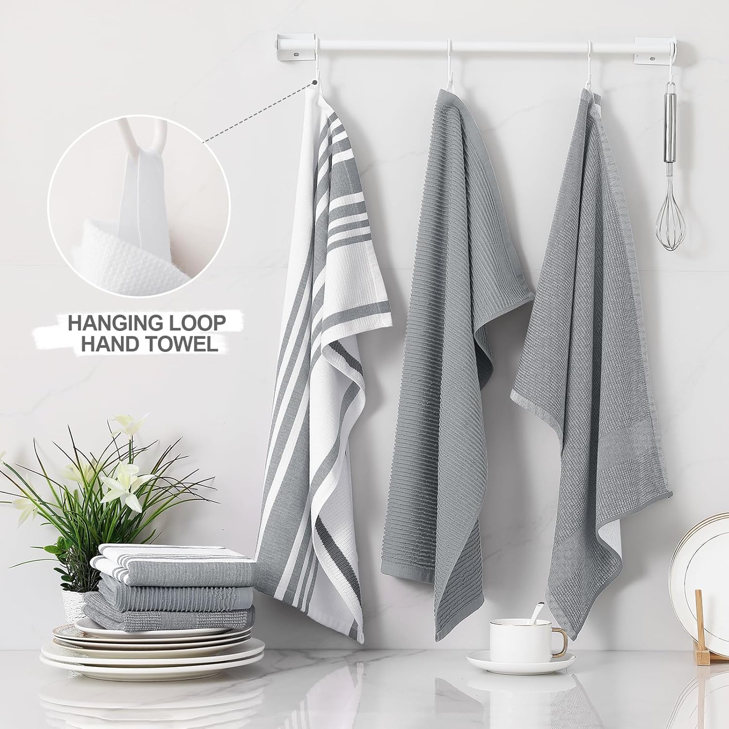 Homaxy Premium Kitchen Towels 18”x 28”, 6 Pack , Large Cotton 380 GSM Kitchen Hand Towels and 100% Cotton Kitchen Towels and Dishcloths Set 12 x 12 & 15 x 25 Inches, Set of 8 Bulk
