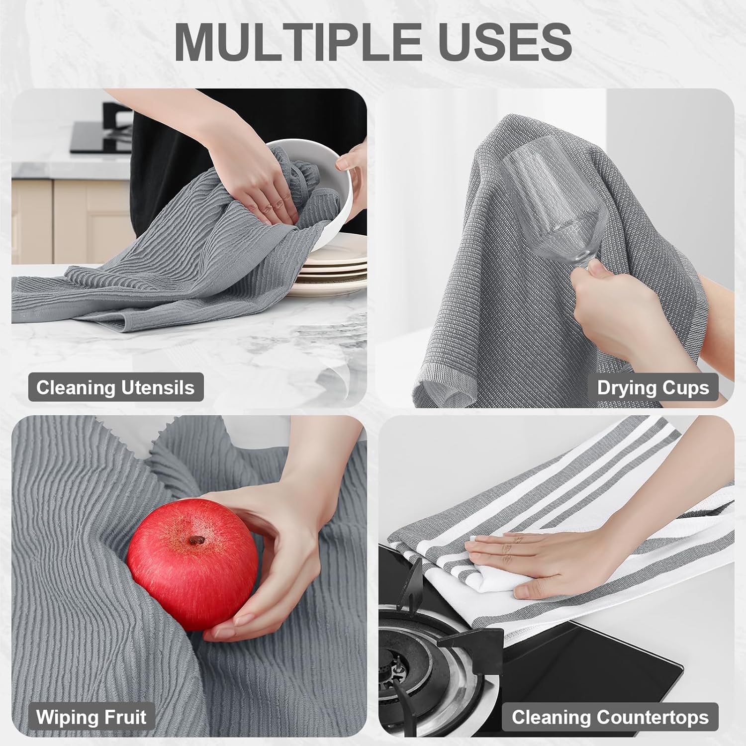 Homaxy Premium Kitchen Towels 18”x 28”, 6 Pack , Large Cotton 380 GSM Kitchen Hand Towels and 100% Cotton Kitchen Towels and Dishcloths Set 12 x 12 & 15 x 25 Inches, Set of 8 Bulk