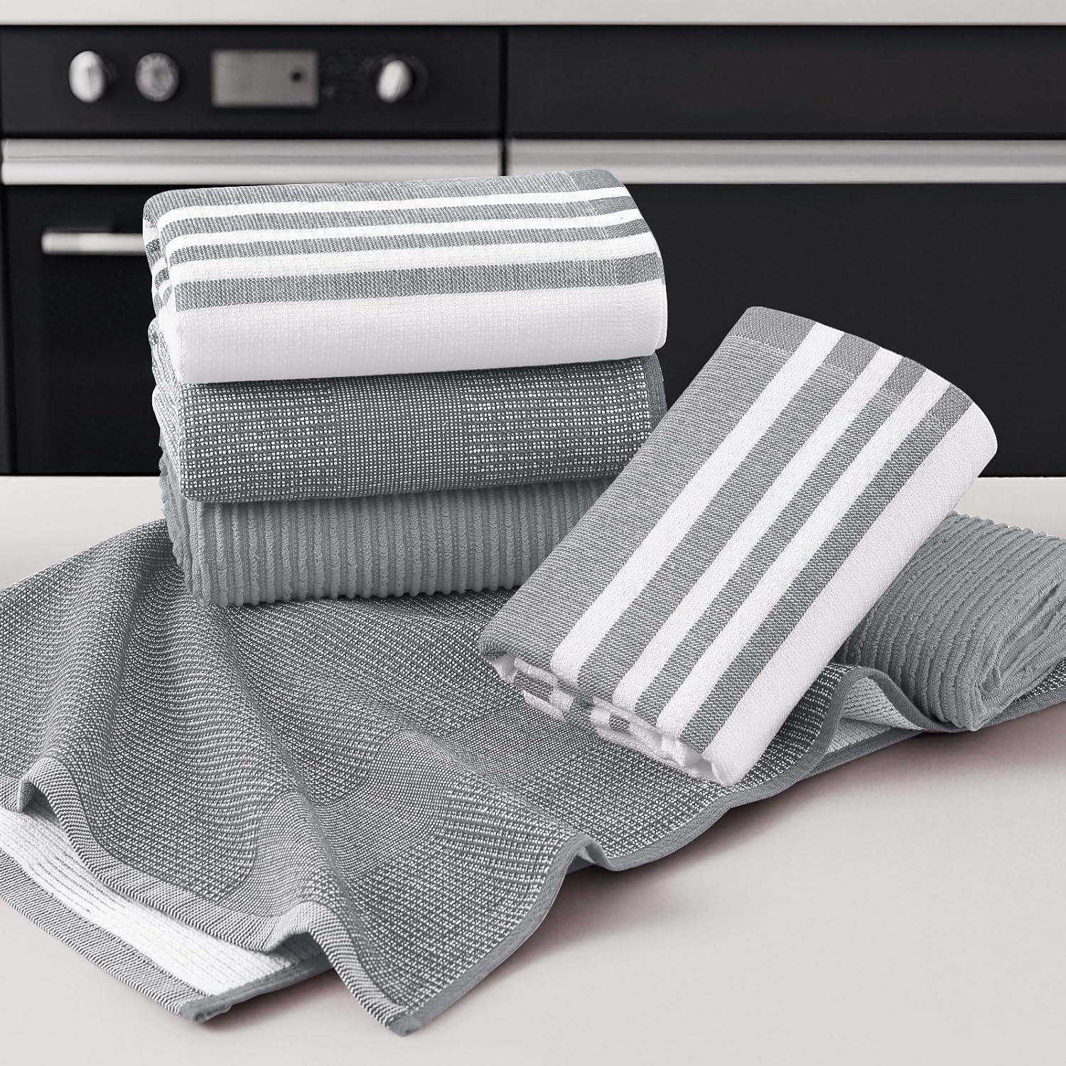 Homaxy Premium Kitchen Towels 18”x 28”, 6 Pack , Large Cotton 380 GSM Kitchen Hand Towels and 100% Cotton Kitchen Towels and Dishcloths Set 12 x 12 & 15 x 25 Inches, Set of 8 Bulk