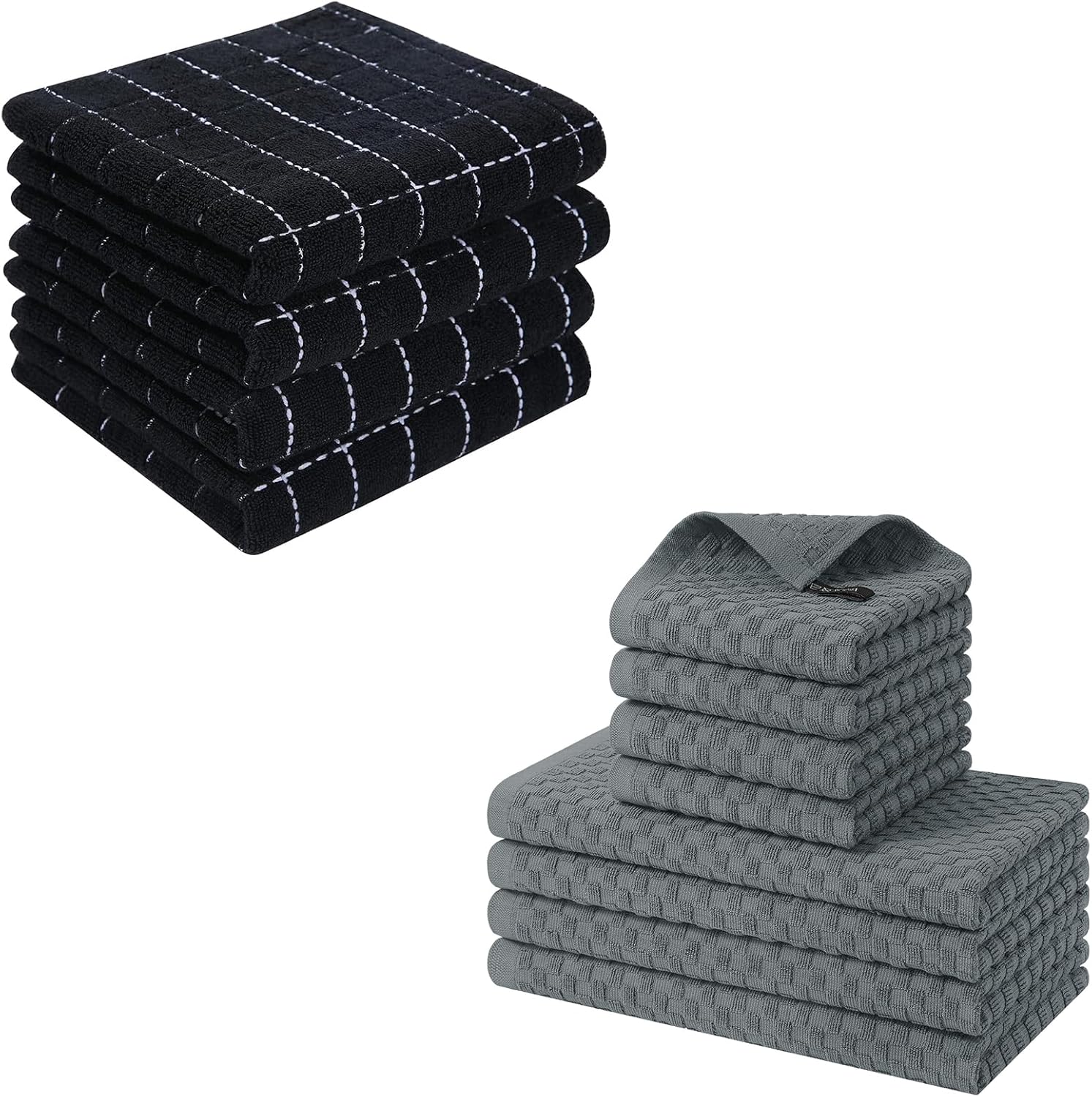 Homaxy 100% Cotton Terry Kitchen Towels Black, 13 x 28 inches , Soft and Super Absorbent Dish Towels and Kitchen Towels and Dishcloths Set 12 x 12 & 15 x 25 Inches, Set of 8 Bulk