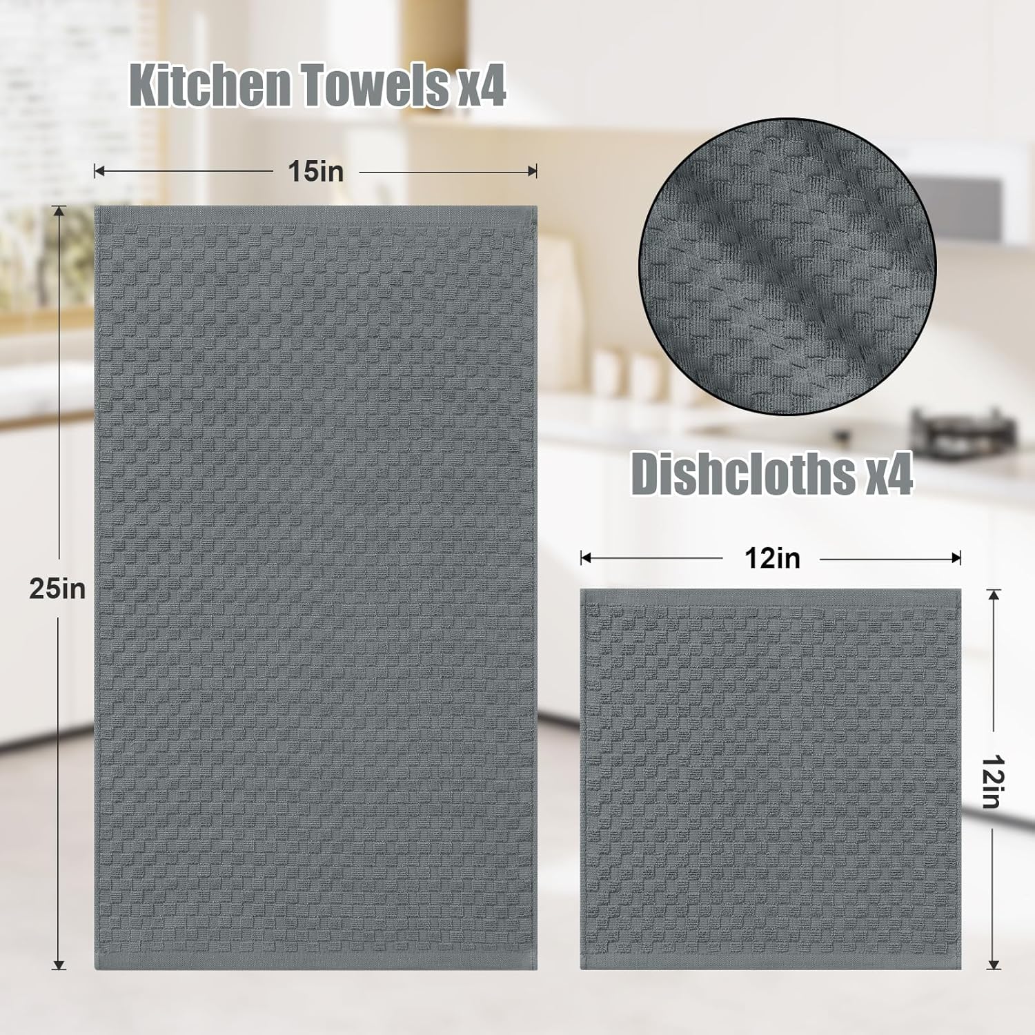 Homaxy 100% Cotton Terry Kitchen Towels Black, 13 x 28 inches , Soft and Super Absorbent Dish Towels and Kitchen Towels and Dishcloths Set 12 x 12 & 15 x 25 Inches, Set of 8 Bulk