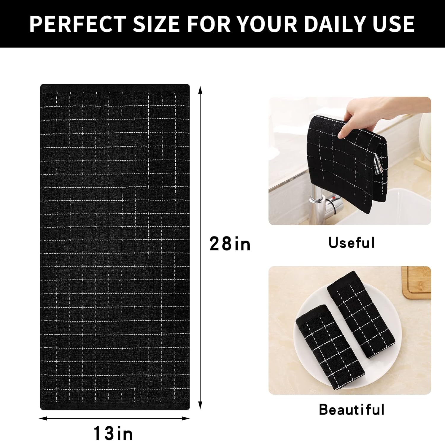 Homaxy 100% Cotton Terry Kitchen Towels Black, 13 x 28 inches , Soft and Super Absorbent Dish Towels and Kitchen Towels and Dishcloths Set 12 x 12 & 15 x 25 Inches, Set of 8 Bulk