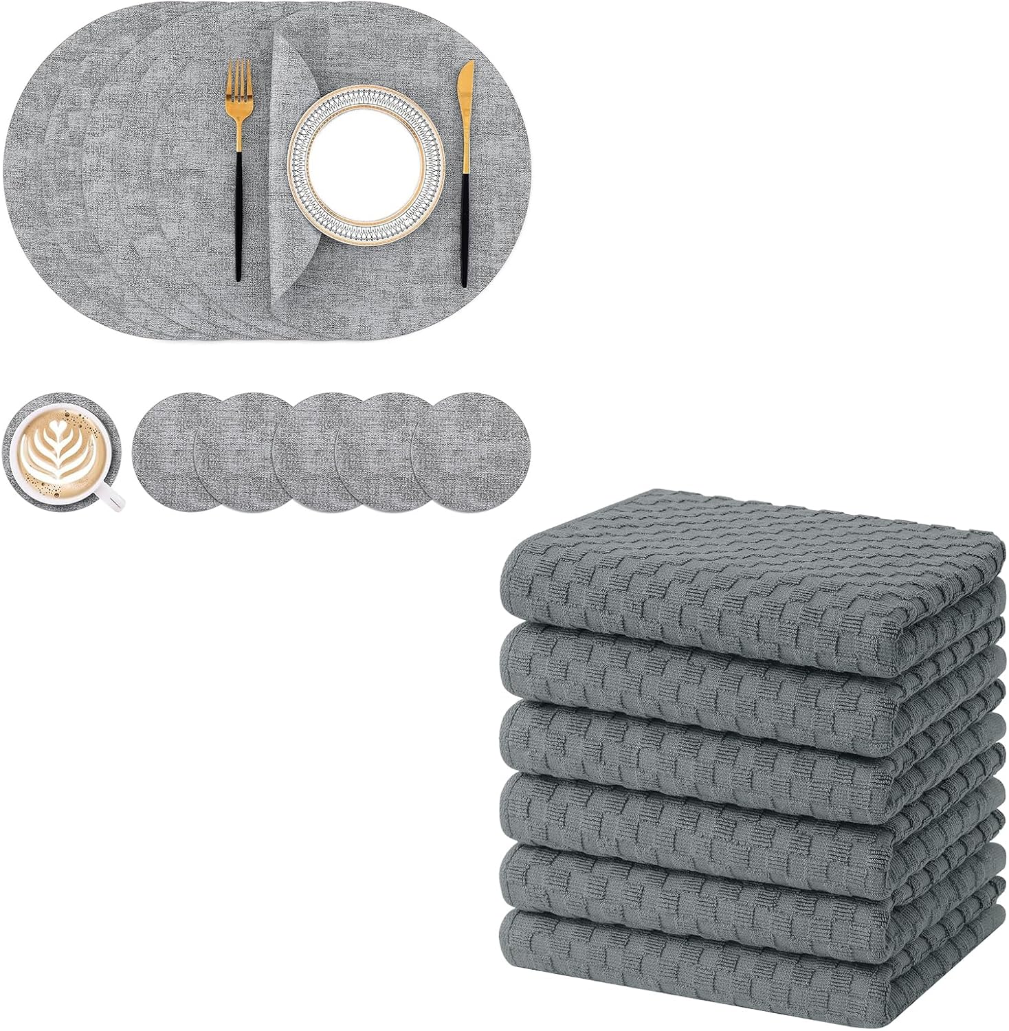 Homaxy Round Faux Leather Placemats and Coasters, Washable Dual-Side Table Mats, Wipeable Heat-Resistant Dining Place Mats and Terry Kitchen Towels 15" x 25", 6 Pack, Dark Grey