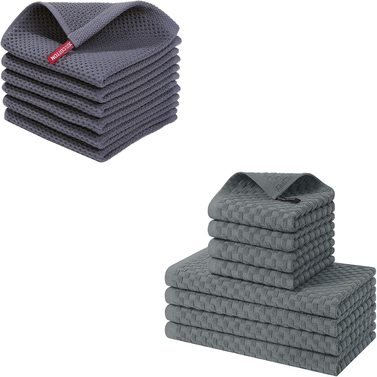 Homaxy 100% Cotton Waffle Weave Kitchen Dish Cloths, Ultra Soft Absorbent Quick Drying Dish Towels and 100% Cotton Kitchen Towels and Dishcloths Set 12 x 12 & 15 x 25 Inches, Set of 8 Bulk