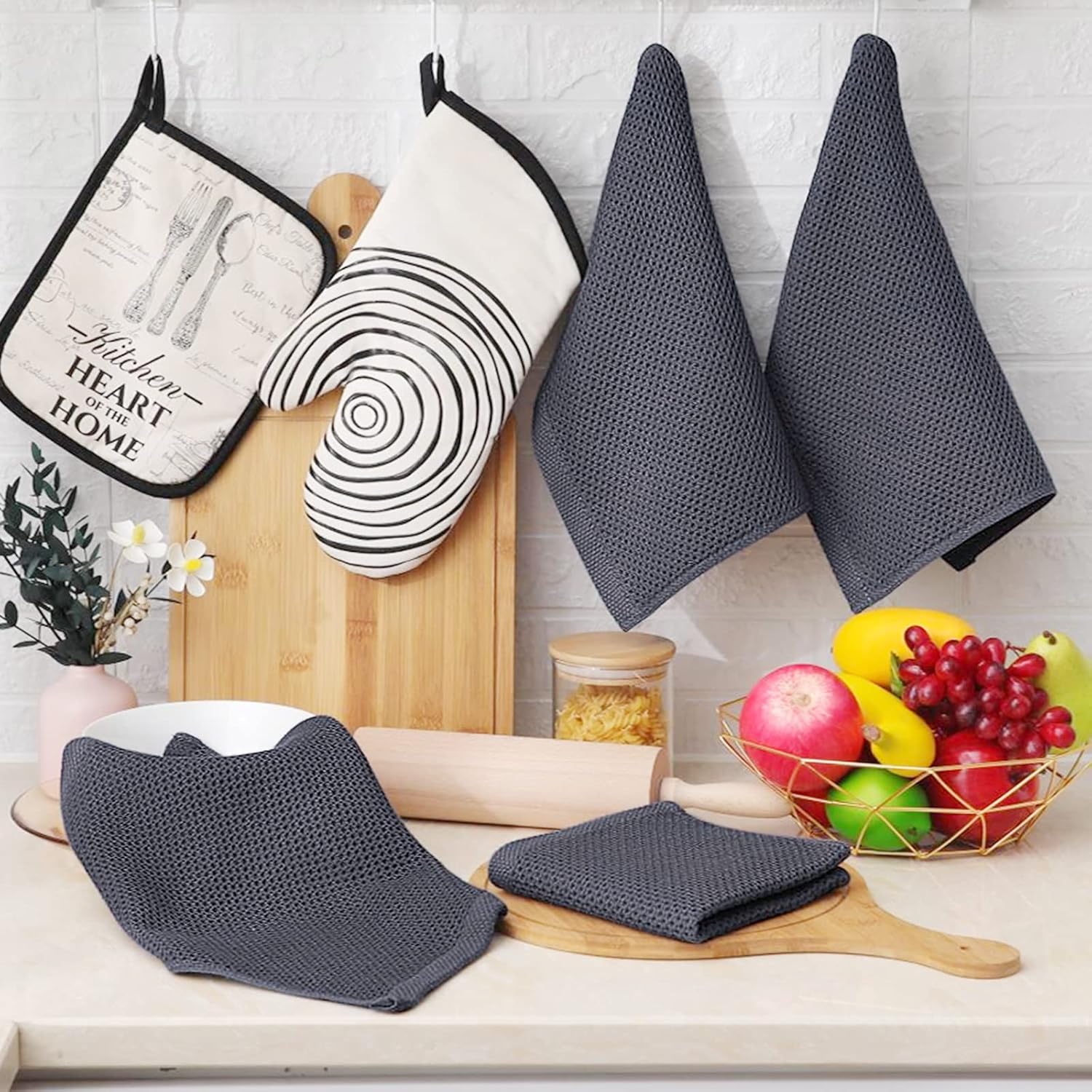 Homaxy 100% Cotton Waffle Weave Kitchen Dish Cloths, Ultra Soft Absorbent Quick Drying Dish Towels and 100% Cotton Kitchen Towels and Dishcloths Set 12 x 12 & 15 x 25 Inches, Set of 8 Bulk