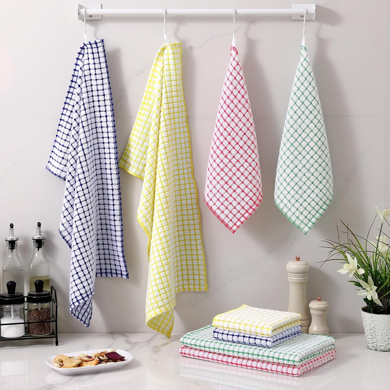 Homaxy 100% Cotton Waffle Weave Kitchen Dish Cloths 12 x 12 Inches, 6-Pack, Dark Grey , Kitchen Towels and Dishcloths Set 16 x 25 and 12 x 12 Inches, 8-Pack, Blue/Yellow/Red/Green