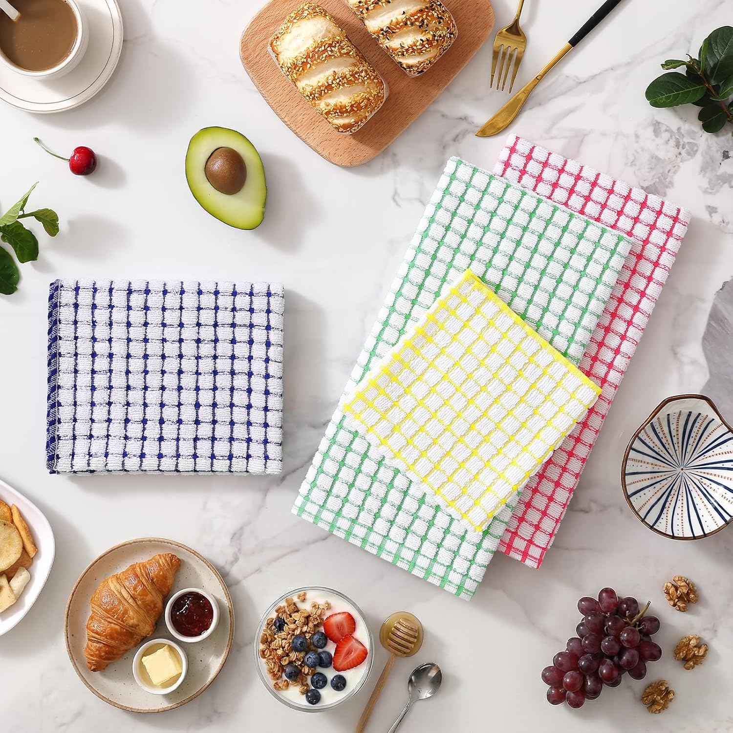 Homaxy 100% Cotton Kitchen Towels and Dishcloths Set 12 x 12 Inches and 13 x 28 Inches, 8 Pack, Dark Grey , Kitchen Towels and Dishcloths Set 16 x 25 and 12 x 12 Inches,8 Pack, Blue/Yellow/Red/Green