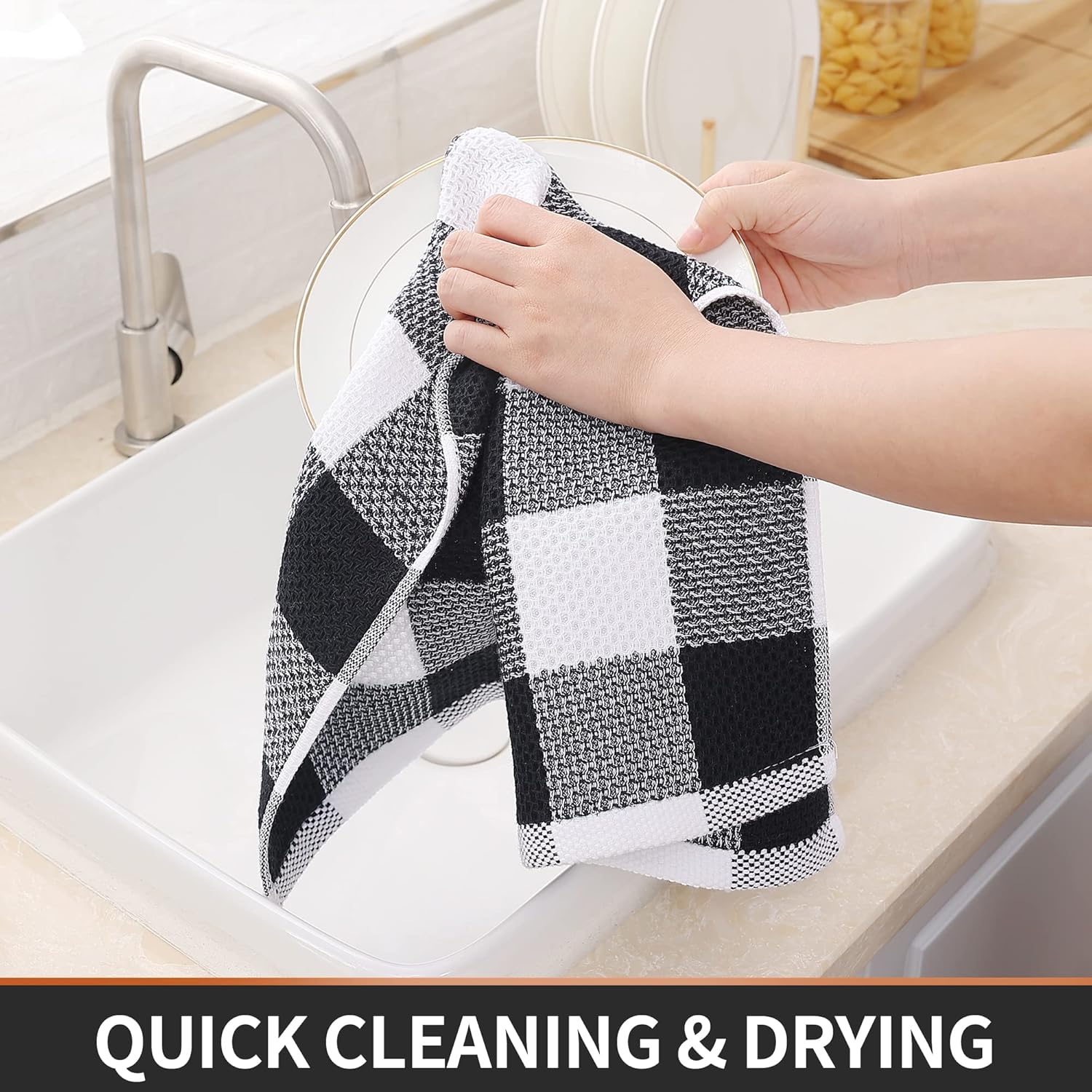 Homaxy Kitchen Towels and Dishcloths Set 12 x 12 and 13 x 28 Inches, 6 Pack, White & Black , Kitchen Towels and Dishcloths Set 16 x 25 and 12 x 12 Inches, 8 Pack, Blue/Yellow/Red/Green