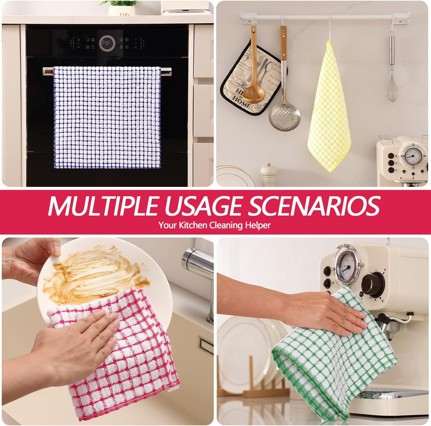 Homaxy Kitchen Towels and Dishcloths Set 12 x 12 and 13 x 28 Inches, 6 Pack, White & Black , Kitchen Towels and Dishcloths Set 16 x 25 and 12 x 12 Inches, 8 Pack, Blue/Yellow/Red/Green