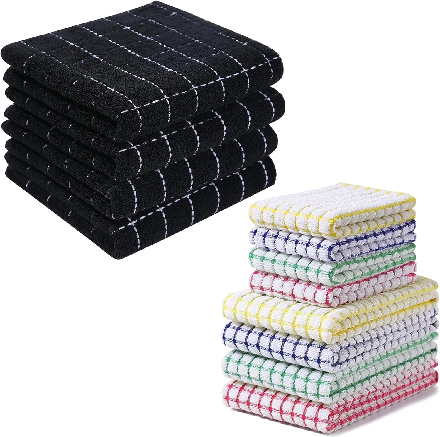 Homaxy 100% Cotton Terry Kitchen Towels 13 x 28 inches, 4 Pack, Black , Kitchen Towels and Dishcloths Set 16 x 25 and 12 x 12 Inches, 8 Pack, Blue/Yellow/Red/Green