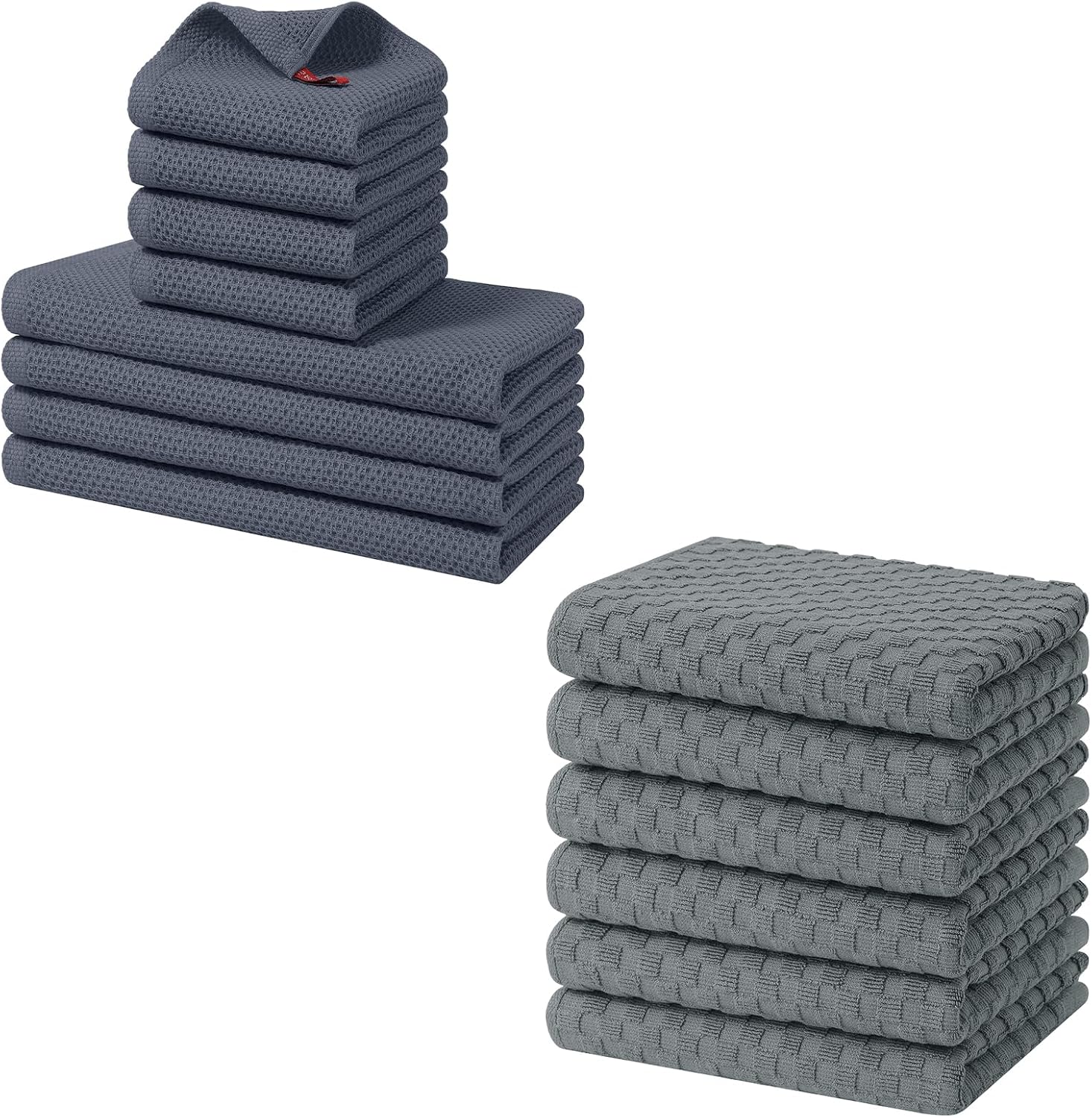 Homaxy 100% Cotton Kitchen Towels and Dishcloths Set, 12 x 12 Inches and 13 x 28 Inches, Set of 8 Bulk Kitchen Towels Set and Terry Kitchen Towels 15" x 25", 6 Pack, Dark Grey