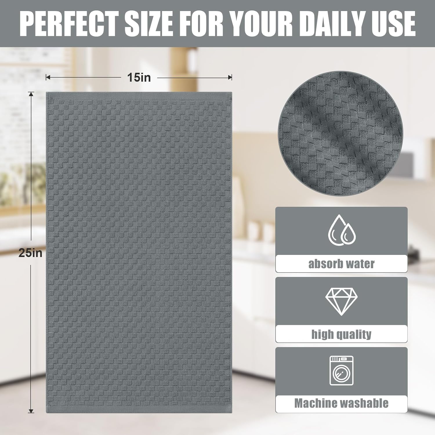 Homaxy 100% Cotton Kitchen Towels and Dishcloths Set, 12 x 12 Inches and 13 x 28 Inches, Set of 8 Bulk Kitchen Towels Set and Terry Kitchen Towels 15" x 25", 6 Pack, Dark Grey