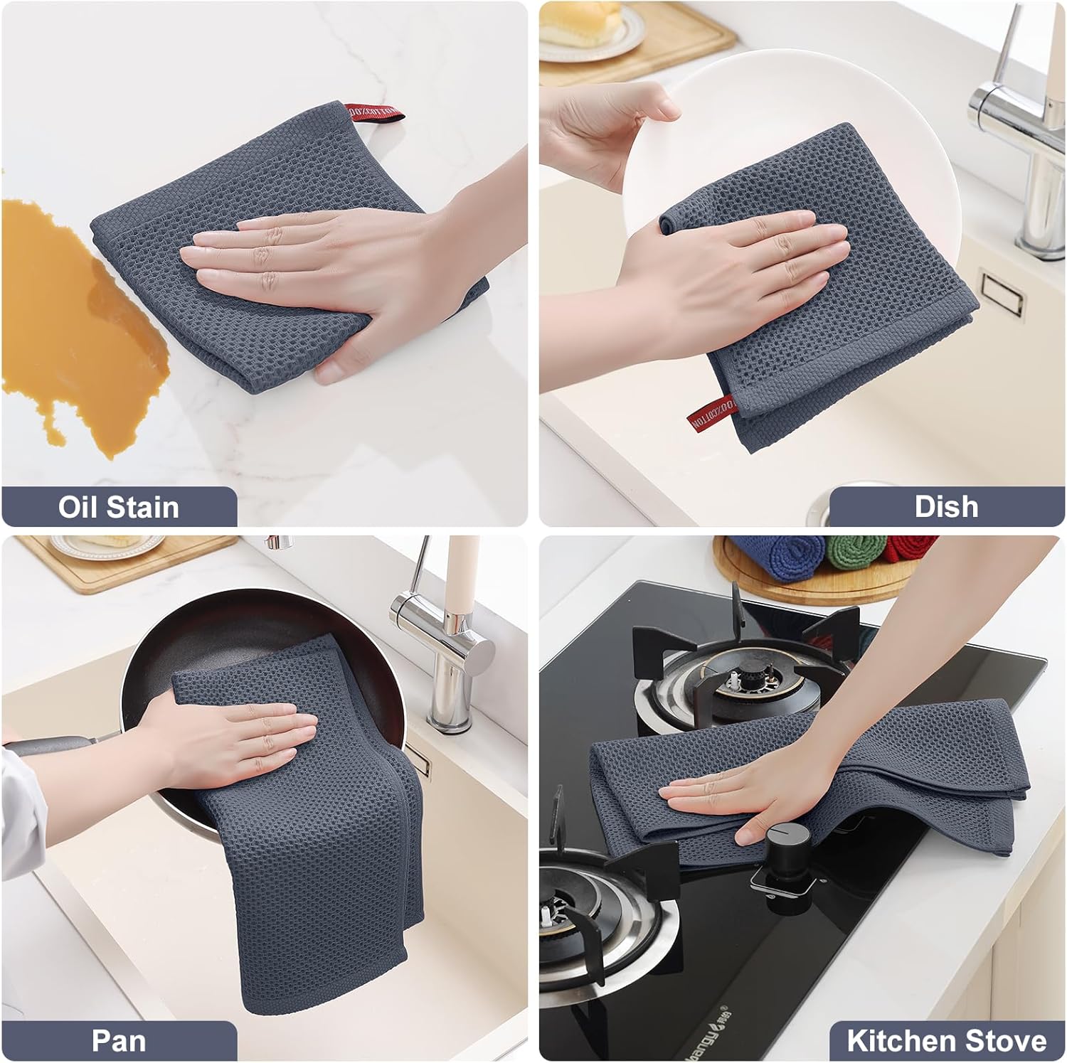 Homaxy 100% Cotton Kitchen Towels and Dishcloths Set, 12 x 12 Inches and 13 x 28 Inches, Set of 8 Bulk Kitchen Towels Set and Terry Kitchen Towels 15" x 25", 6 Pack, Dark Grey