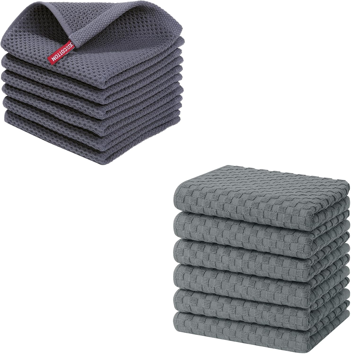 Homaxy 100% Cotton Waffle Weave Kitchen Dish Cloths 12 x 12 Inches, 6-Pack, Dark Grey , Ultra Soft Absorbent Quick Drying Dish Towels and Terry Kitchen Towels 15" x 25", 6 Pack, Dark Grey