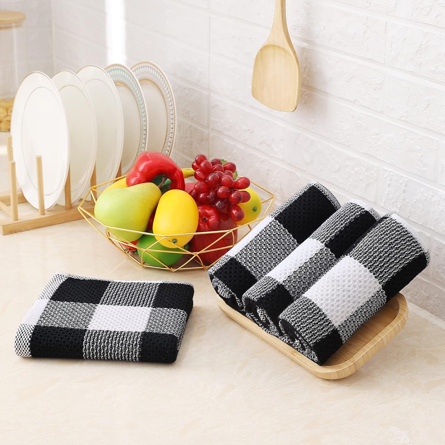 Homaxy 100% Cotton Waffle Weave Check Plaid Kitchen Towels, 13 x 28 Inches, Super Soft and Absorbent Dish Towels for Drying Dishes and Terry Kitchen Towels 15" x 25", 6 Pack, Dark Grey