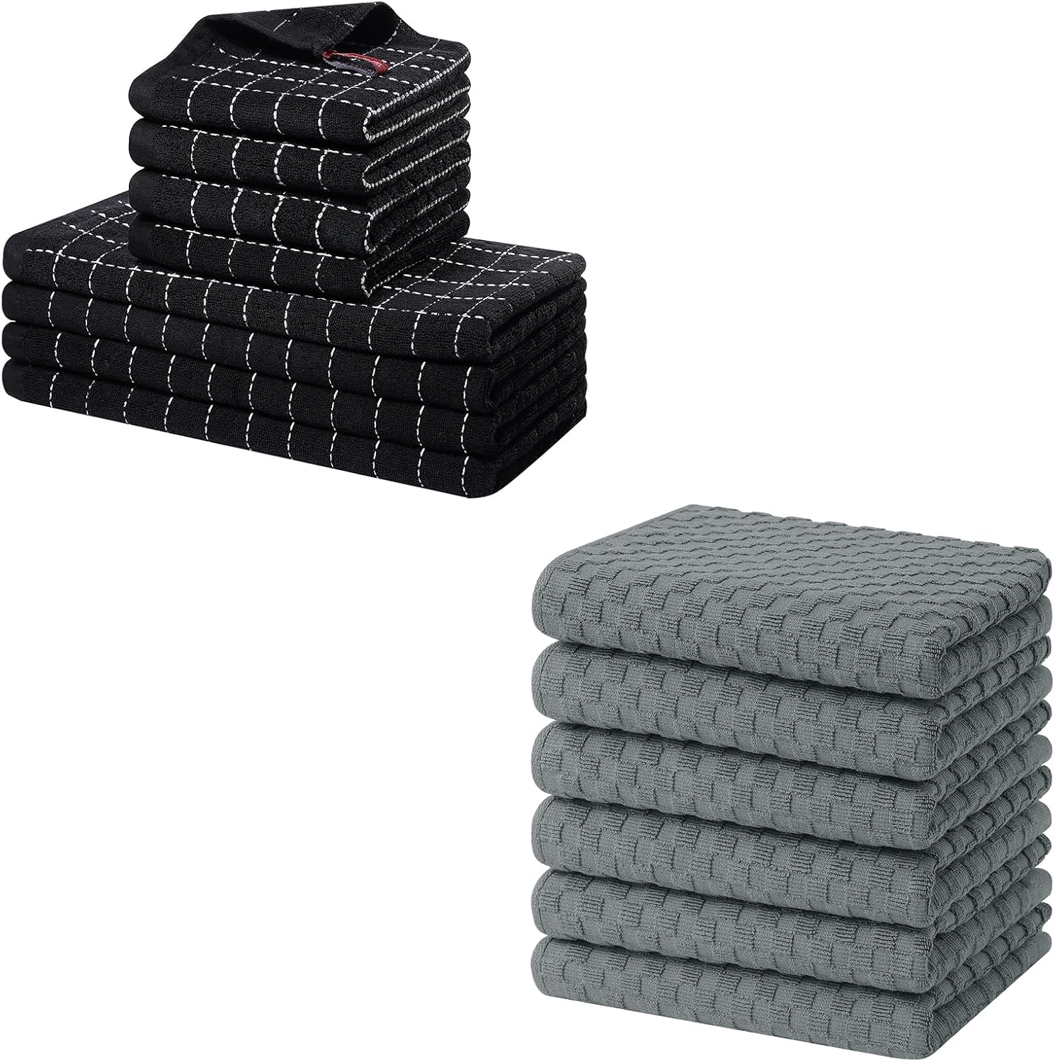 Homaxy Kitchen Towels and Dishcloths Set, 12 x 12 and 13 x 28 Inches, Set of 8 Bulk Cotton Terry Kitchen Towels Set and Terry Kitchen Towels 15" x 25", 6 Pack, Dark Grey