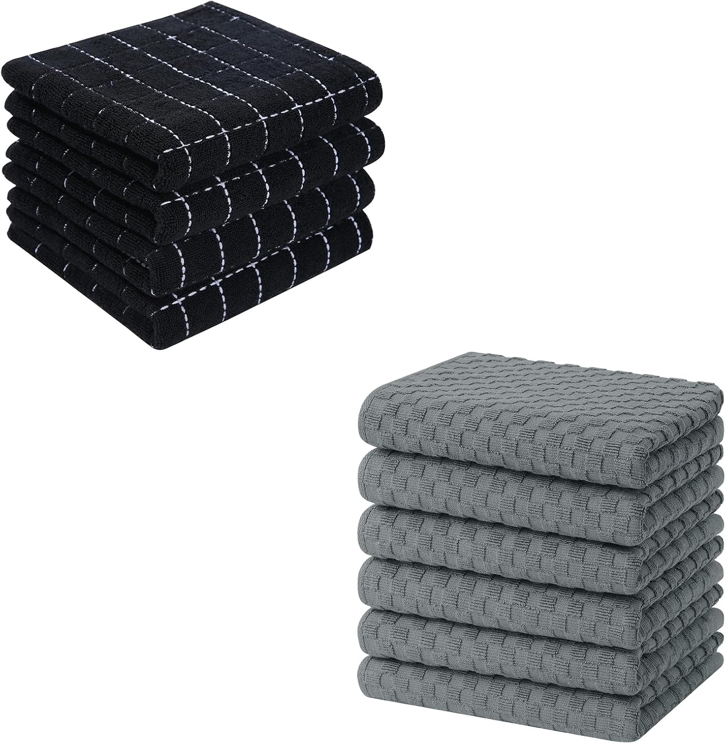 Homaxy 100% Cotton Terry Kitchen Towels Black, 13 x 28 inches, 4 Pack , Checkered Designed, Soft and Super Absorbent Dish Towels and Terry Kitchen Towels 15" x 25", 6 Pack, Dark Grey