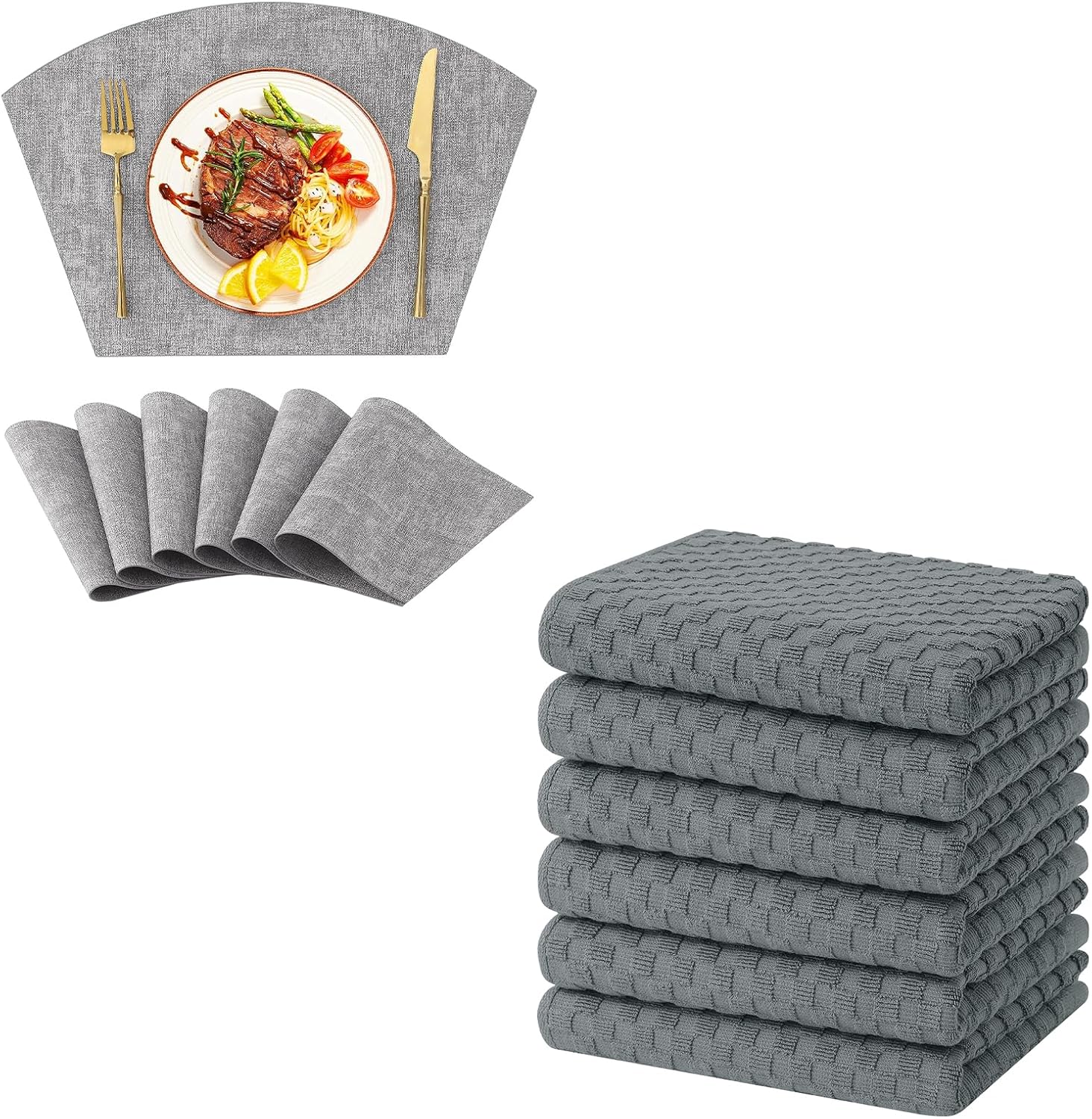 Homaxy Round Table Placemats Set of 6, Washable Wedge Shaped Faux Leather Table Mats and Terry Kitchen Towels 15" x 25", 6 Pack, Dark Grey