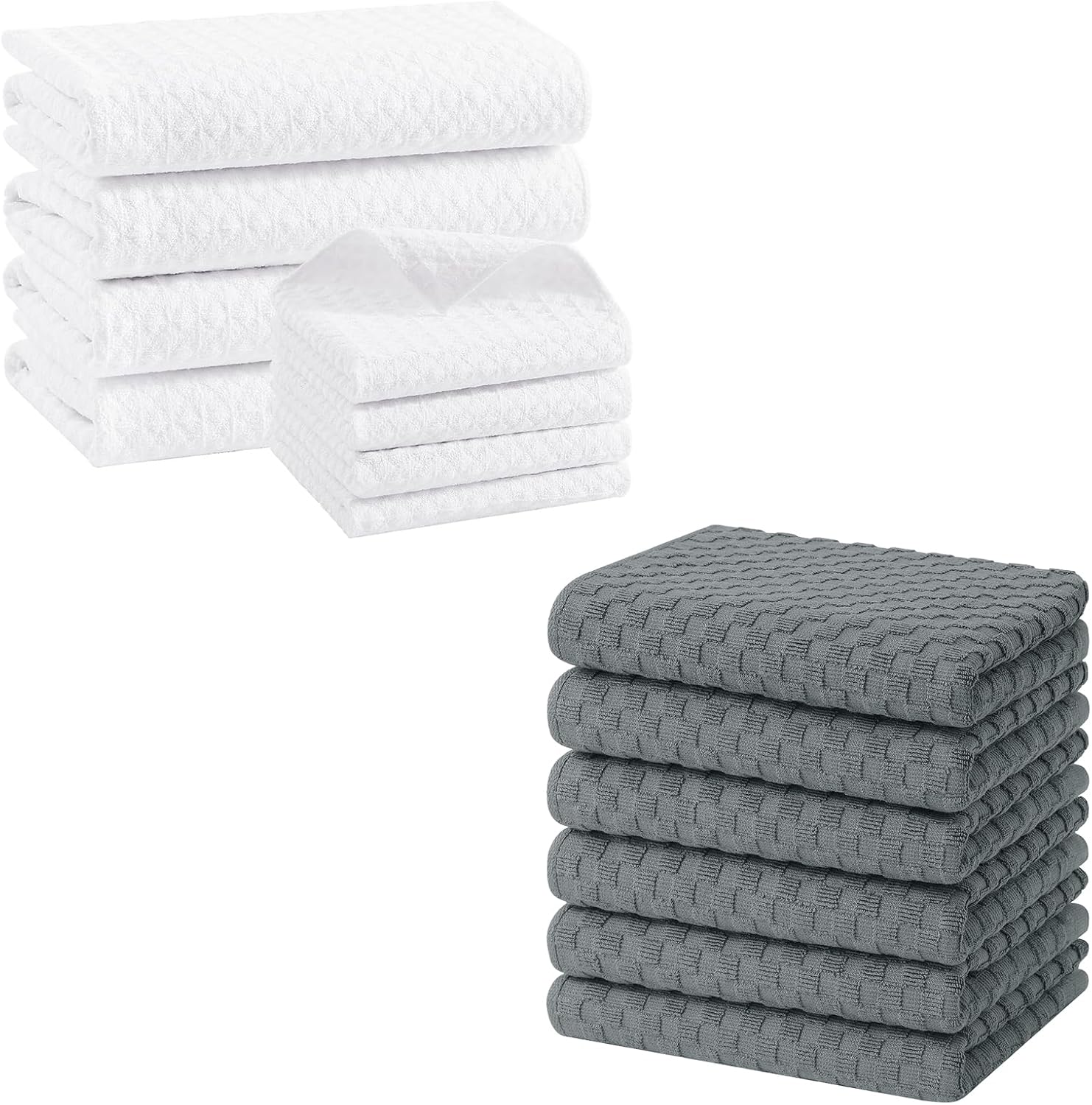 Homaxy Microfiber Waffle Weave Kitchen Towels Set 16 x 28 Inches and 12 X 12 Inches, 8 Pack, White and Terry Kitchen Towels 15" x 25", 6 Pack, Dark Grey