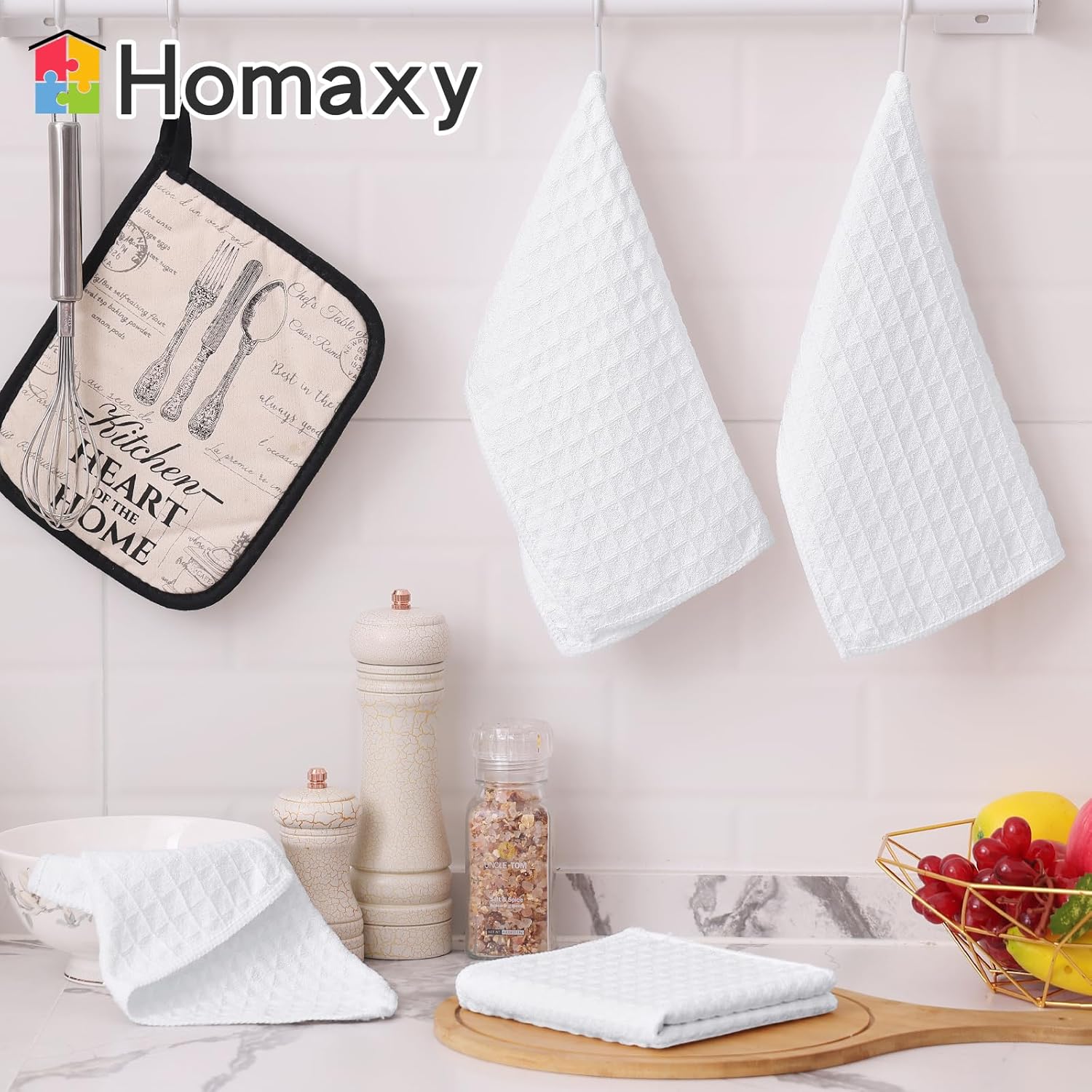 Homaxy Microfiber Waffle Weave Kitchen Towels Set 16 x 28 Inches and 12 X 12 Inches, 8 Pack, White and Terry Kitchen Towels 15" x 25", 6 Pack, Dark Grey