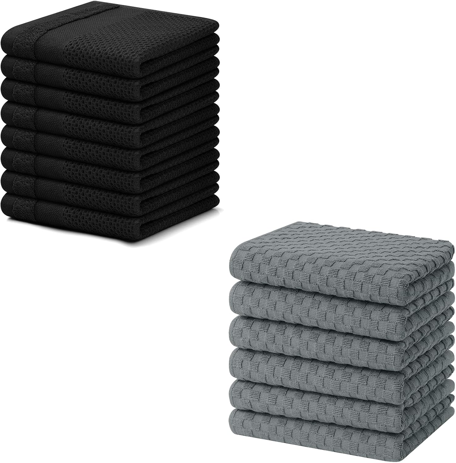 Homaxy 100% Cotton Dish Cloths, 8 Pack - 12 x 12 Inches, Waffle Weave Super Soft and Terry Kitchen Towels 15" x 25", 6 Pack, Dark Grey