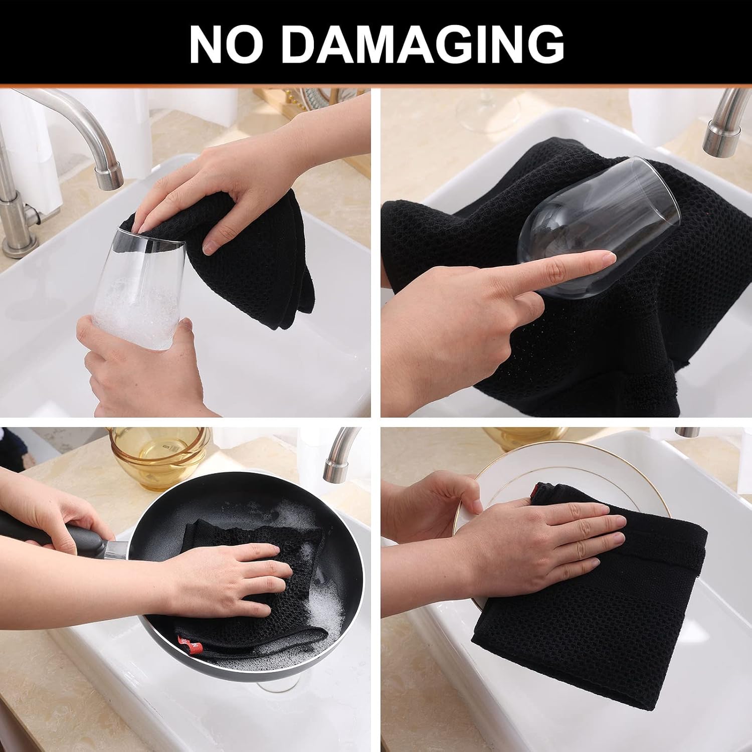 Homaxy 100% Cotton Dish Cloths, 8 Pack - 12 x 12 Inches, Waffle Weave Super Soft and Terry Kitchen Towels 15" x 25", 6 Pack, Dark Grey