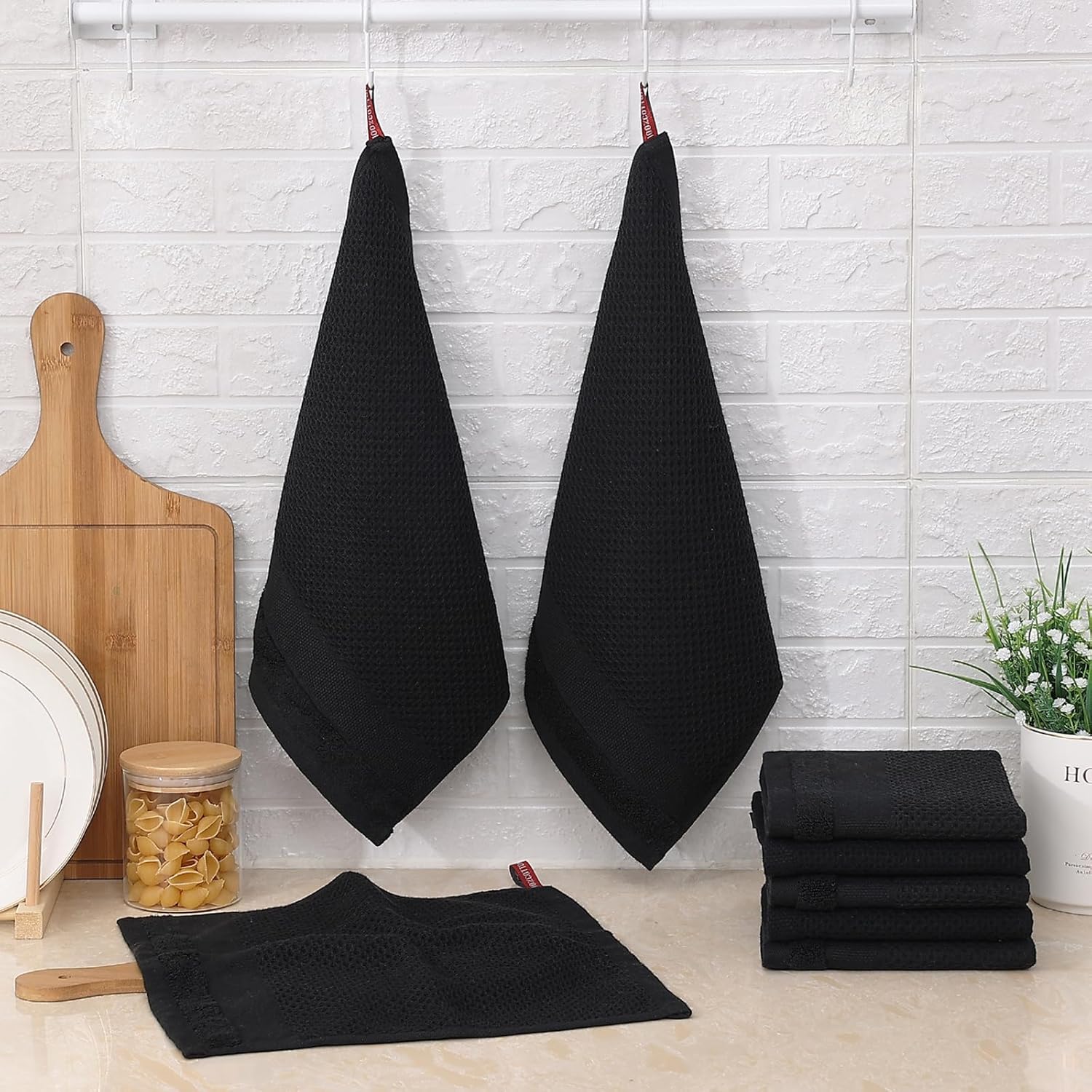 Homaxy 100% Cotton Dish Cloths, 8 Pack - 12 x 12 Inches, Waffle Weave Super Soft and Terry Kitchen Towels 15" x 25", 6 Pack, Dark Grey