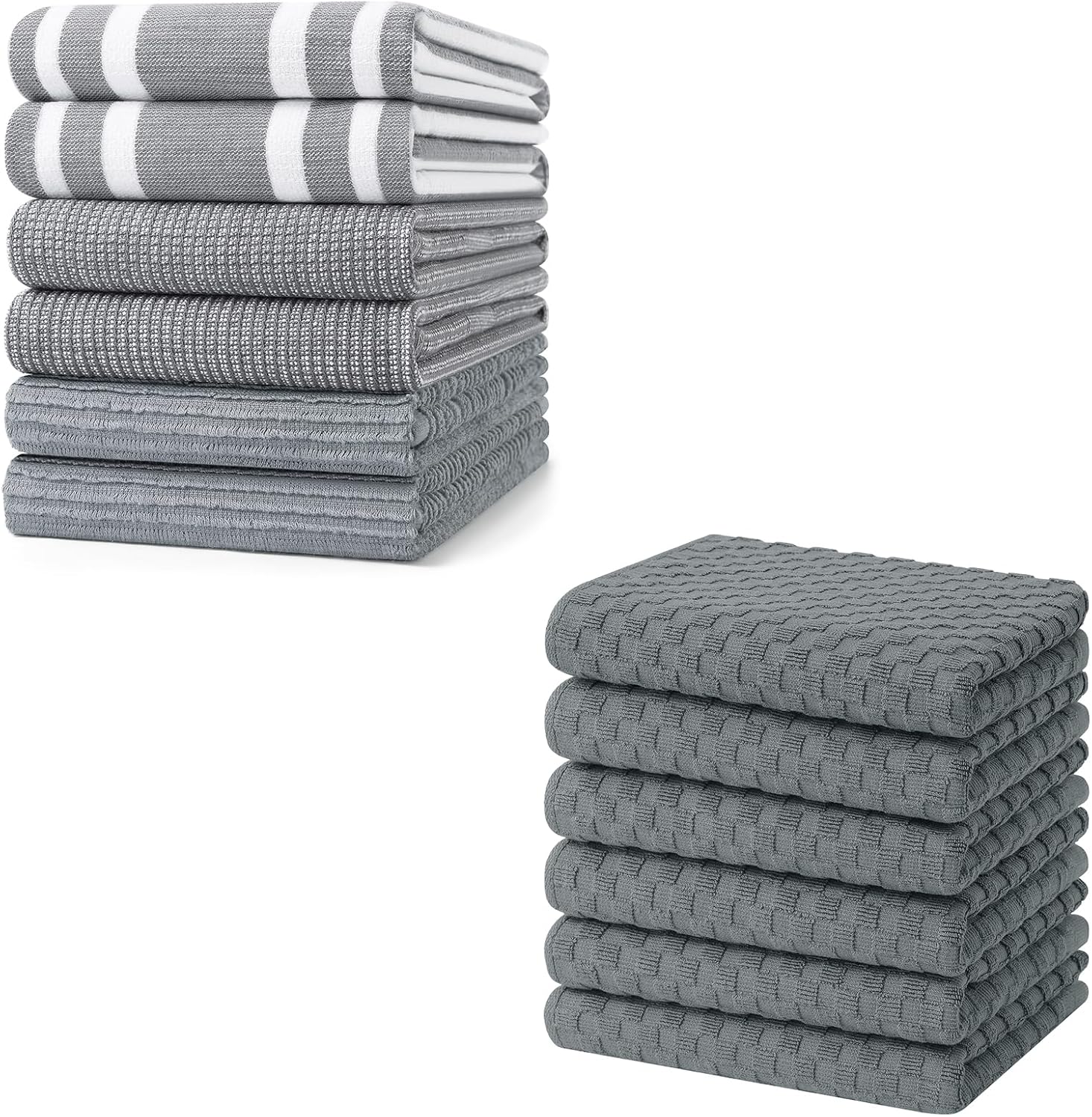 Homaxy Premium Kitchen Towels 18”x 28”, 6 Pack, Grey and Terry Kitchen Towels 15" x 25", 6 Pack, Dark Grey , 380 GSM Reusable Tea Towel with Hanging Loop
