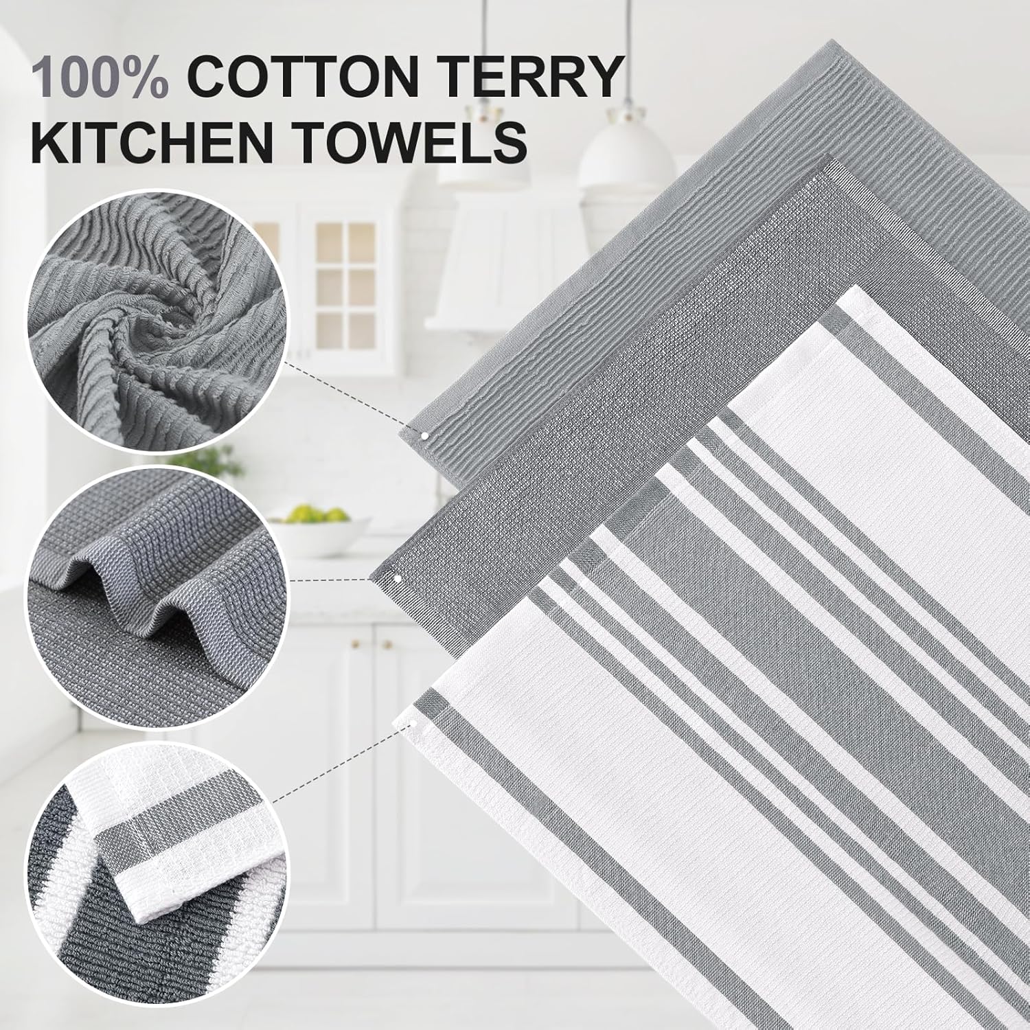 Homaxy Premium Kitchen Towels 18”x 28”, 6 Pack, Grey and Terry Kitchen Towels 15" x 25", 6 Pack, Dark Grey , 380 GSM Reusable Tea Towel with Hanging Loop
