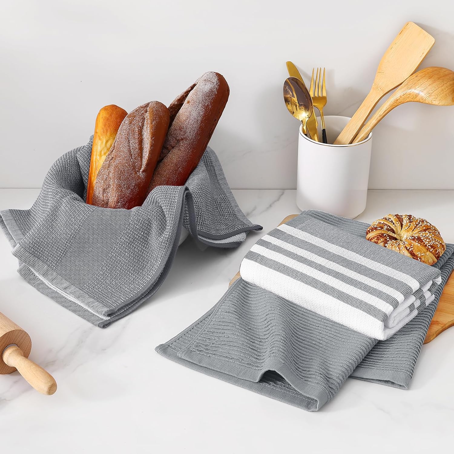 Homaxy Premium Kitchen Towels 18”x 28”, 6 Pack, Grey and Terry Kitchen Towels 15" x 25", 6 Pack, Dark Grey , 380 GSM Reusable Tea Towel with Hanging Loop