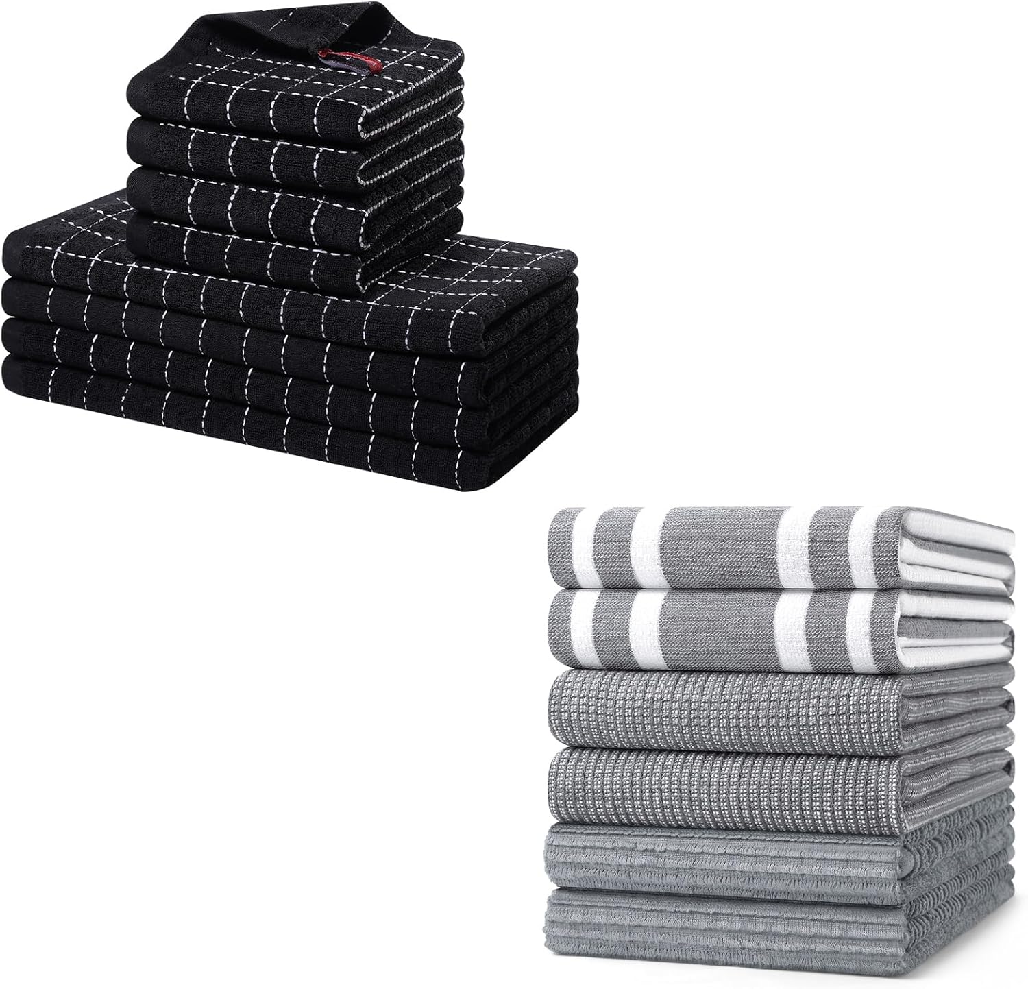 Homaxy Dishcloths Set, 12 x 12 and 13 x 28 Inches, Set of 8 Bulk Cotton Terry Kitchen Towels Set, Black and Premium Kitchen Towels 18”x 28”, 6 Pack , Grey