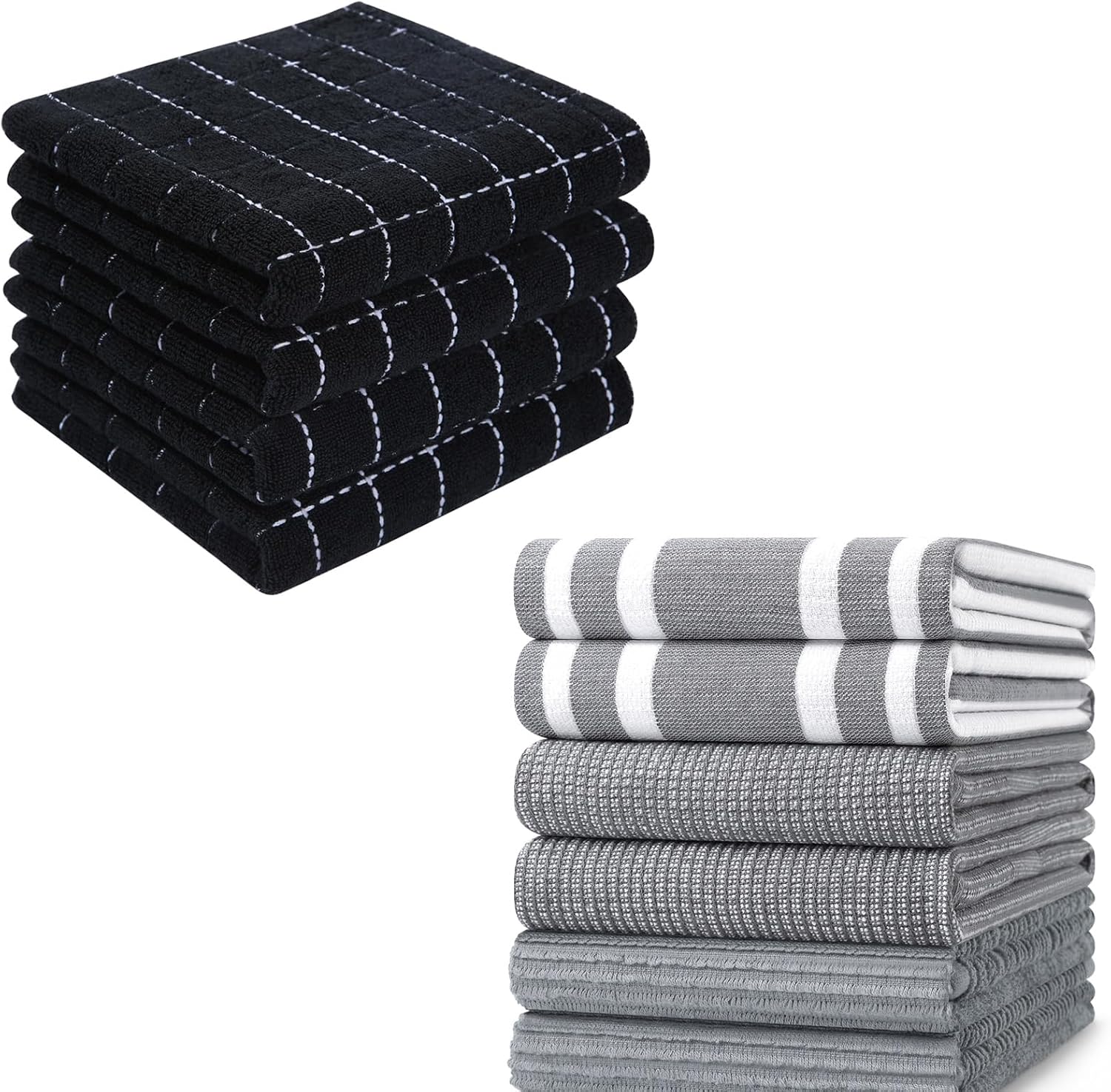 Homaxy 100% Cotton Terry Kitchen Towels Black, 13 x 28 inches , 4 Pack and Premium Kitchen Towels 18”x 28”, 6 Pack , Grey