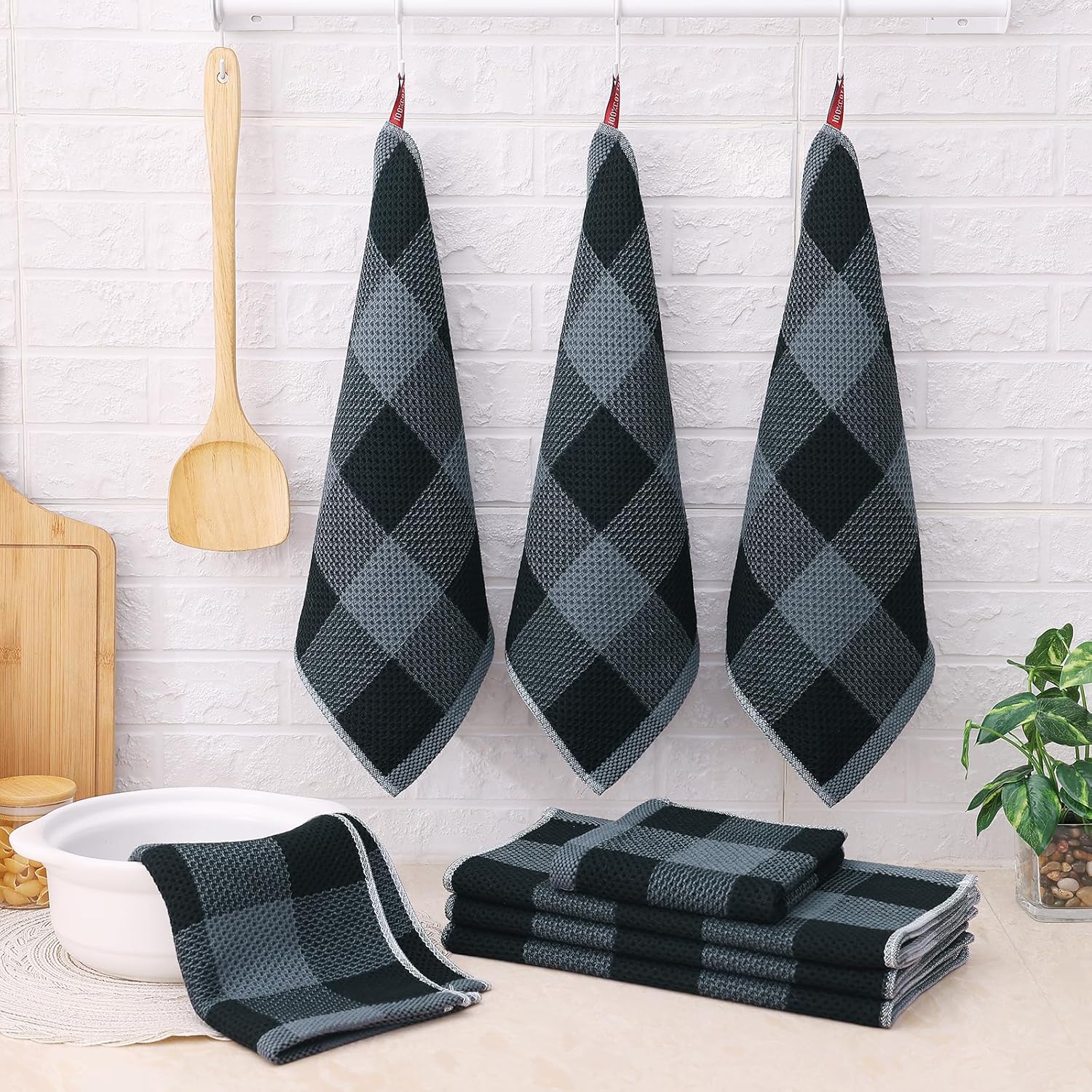 Homaxy 100% Cotton Waffle Weave Kitchen Dish Cloths, 12x12 Inches, 6-Pack, Black Kitchen Towels and Dishcloths Set, Black & Grey