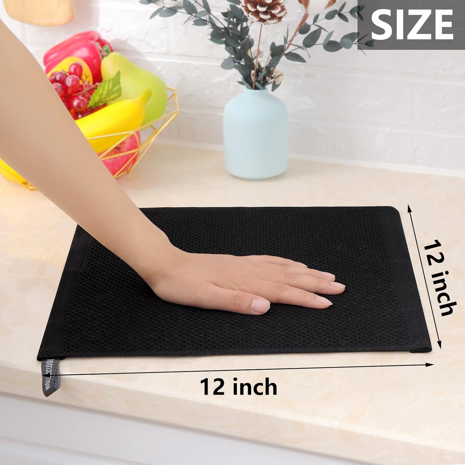 Homaxy 100% Cotton Waffle Weave Kitchen Dish Cloths, 12x12 Inches, 6-Pack, Black Kitchen Towels and Dishcloths Set, Black & Grey