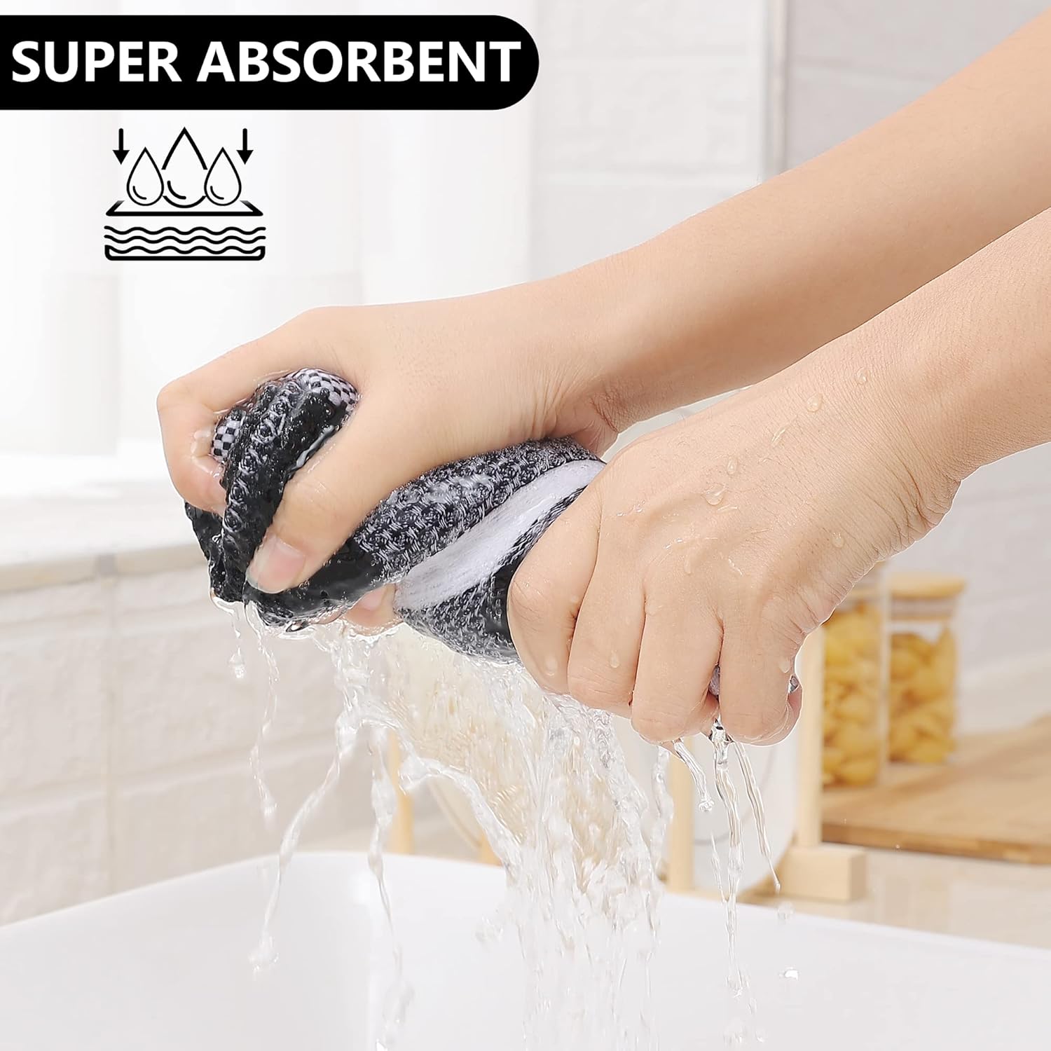 Homaxy 100% Cotton Dish Cloths, 8 Pack - 12 x 12 Inches, Black and Kitchen Towels and Dishcloths Set, 12 x 12 and 13 x 28 Inches, White & Black