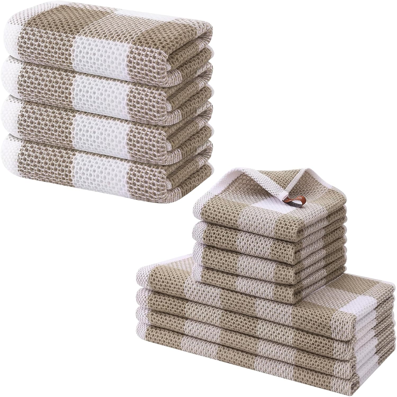 Homaxy 100% Cotton Waffle Weave Check Plaid Kitchen Towels, 13 x 28 Inches, 4-Pack, White & Black and Kitchen Towels and Dishcloths Set, 12 x 12 and 13 x 28 Inches, White & Khaki