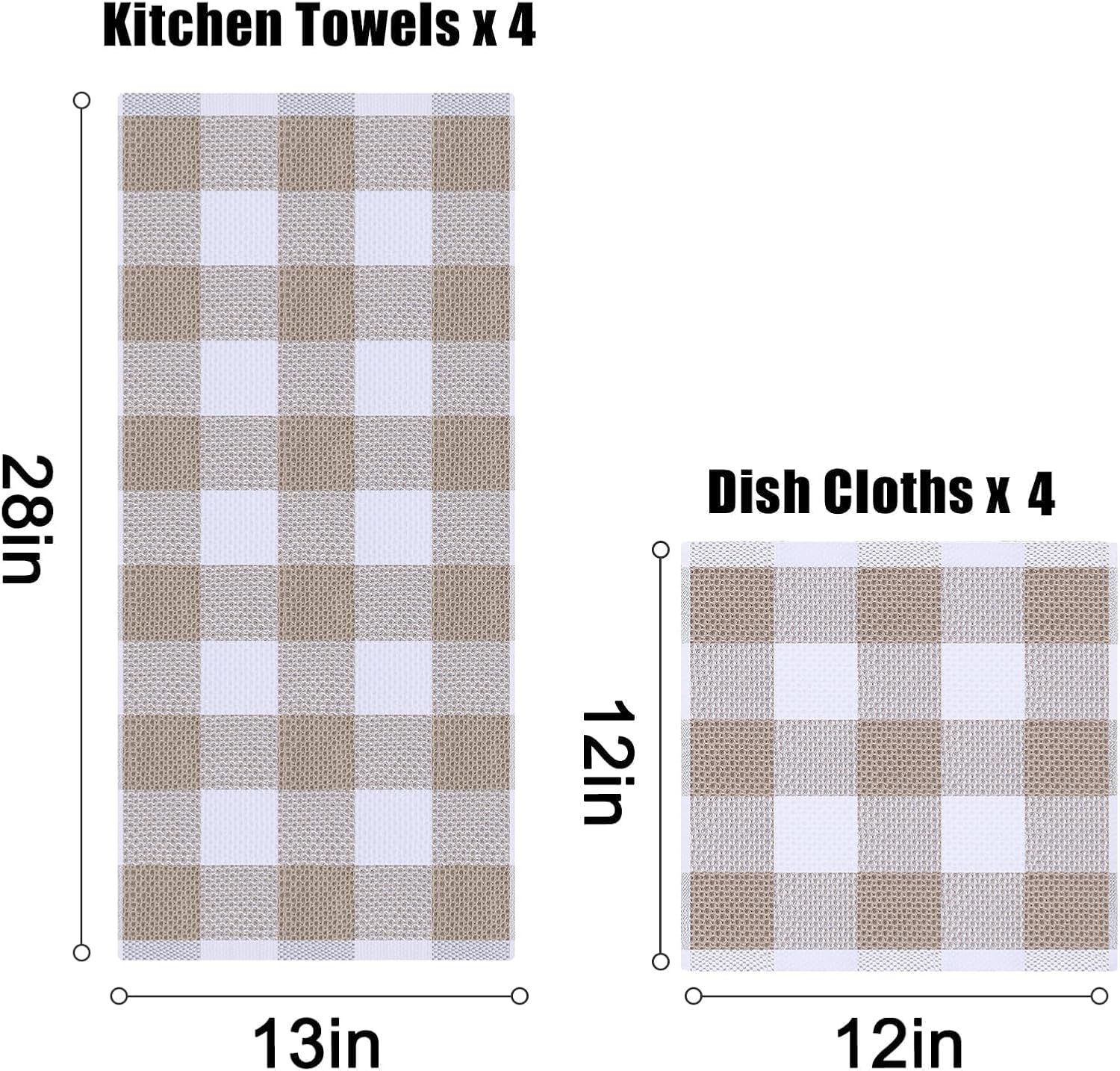 Homaxy 100% Cotton Waffle Weave Check Plaid Kitchen Towels, 13 x 28 Inches, 4-Pack, White & Black and Kitchen Towels and Dishcloths Set, 12 x 12 and 13 x 28 Inches, White & Khaki