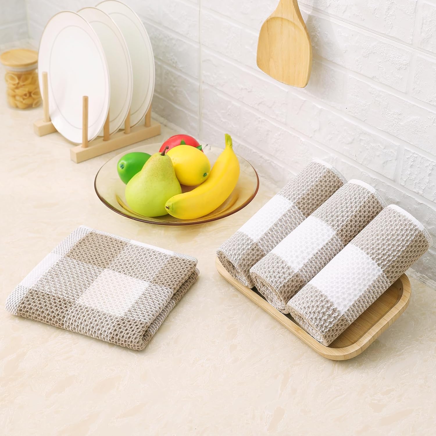 Homaxy 100% Cotton Waffle Weave Check Plaid Kitchen Towels, 13 x 28 Inches, 4-Pack, White & Black and Kitchen Towels and Dishcloths Set, 12 x 12 and 13 x 28 Inches, White & Khaki