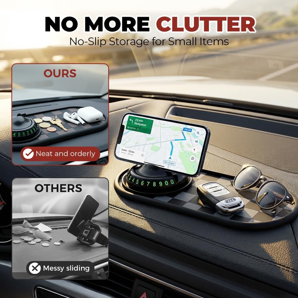 Mobile Phone Bracket Anti-Slip Mat, Multifunction Car Dashboard Mat with Temporary Parking Number, Large Universal Fit Anti-Slip Mat for Phones, Sunglasses and Keys Gadget Style E