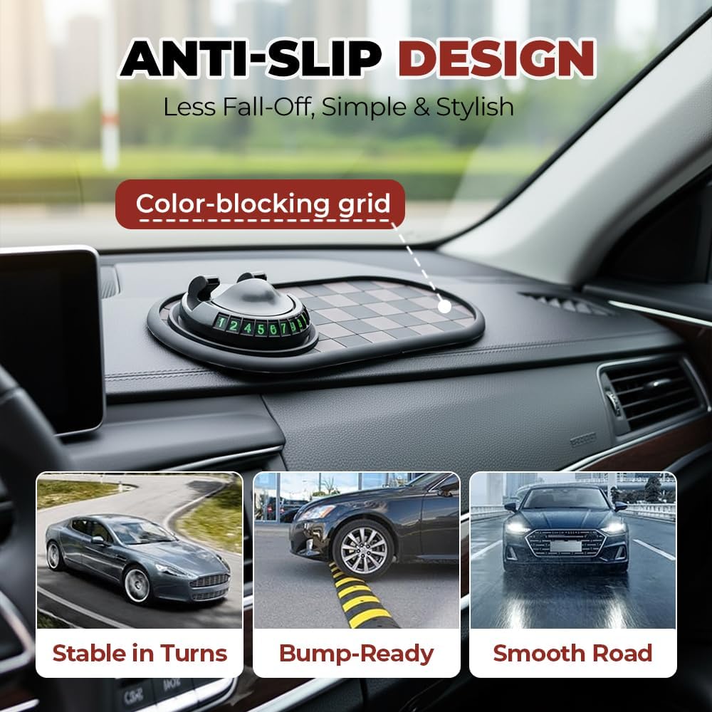 Mobile Phone Bracket Anti-Slip Mat, Multifunction Car Dashboard Mat with Temporary Parking Number, Large Universal Fit Anti-Slip Mat for Phones, Sunglasses and Keys Gadget Style E