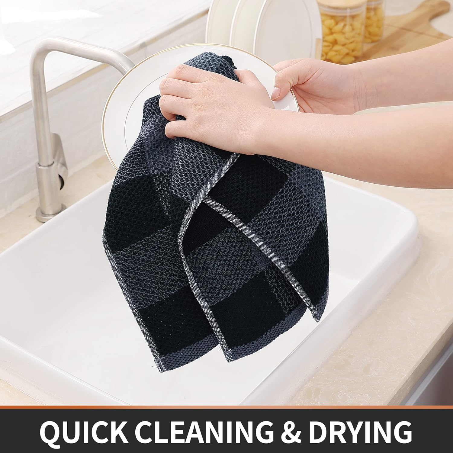 Homaxy 100% Cotton Waffle Weave Check Plaid Kitchen Towels, 13 x 28 Inches, 4-Pack, White & Black and Kitchen Towels and Dishcloths Set, 12 x 12 and 13 x 28 Inches, Black & Grey